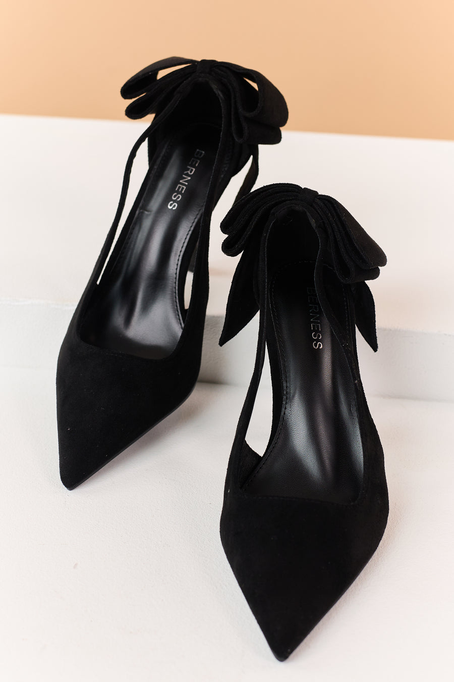 Black Faux Suede Bow Sling Back Stiletto Heels