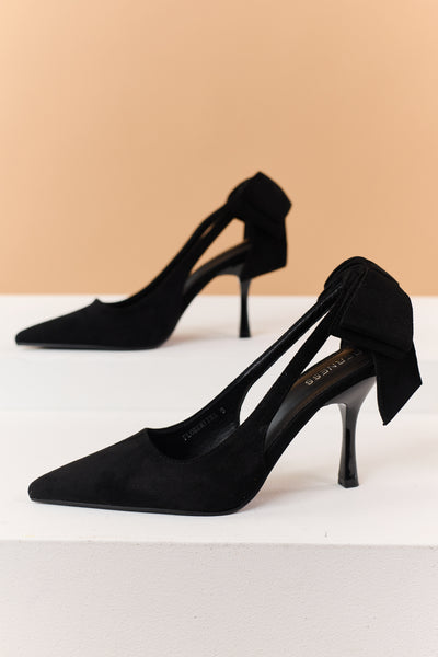 Black Faux Suede Bow Sling Back Stiletto Heels