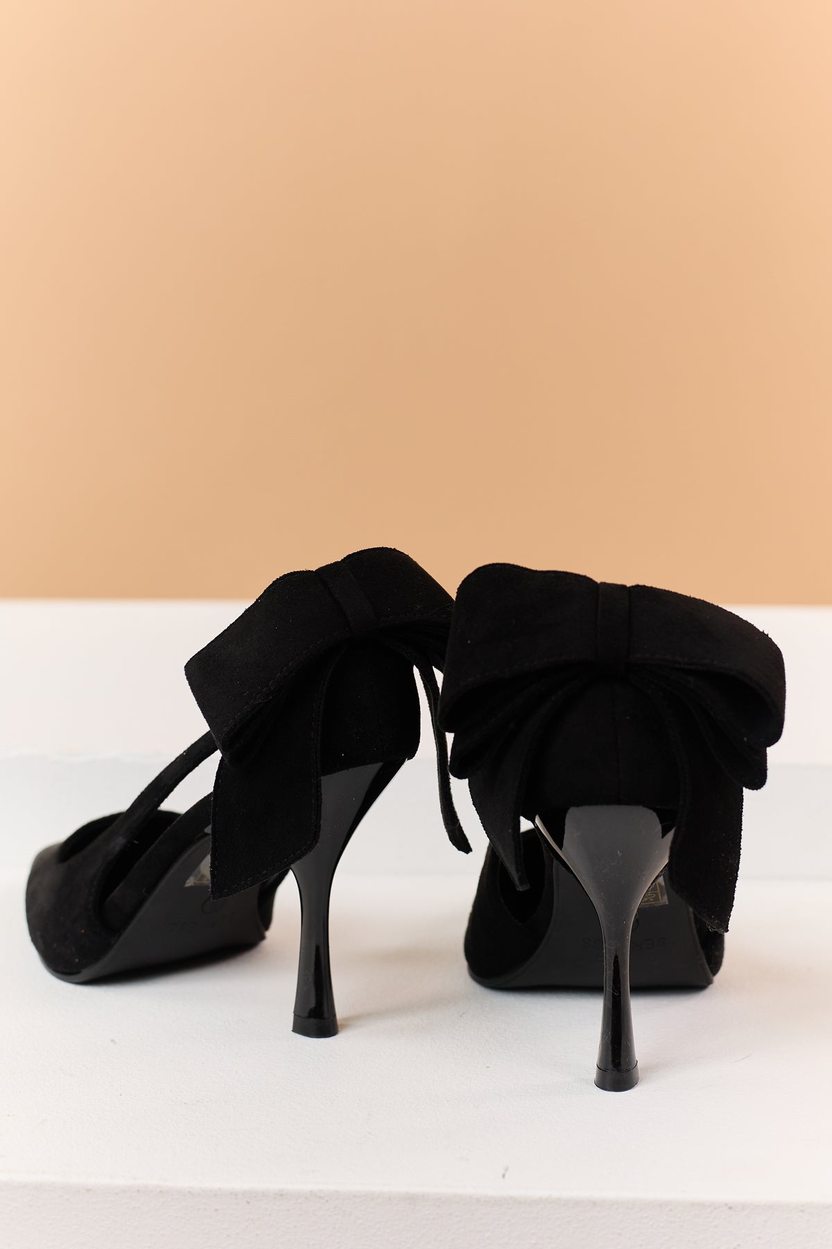 Black Faux Suede Bow Sling Back Stiletto Heels
