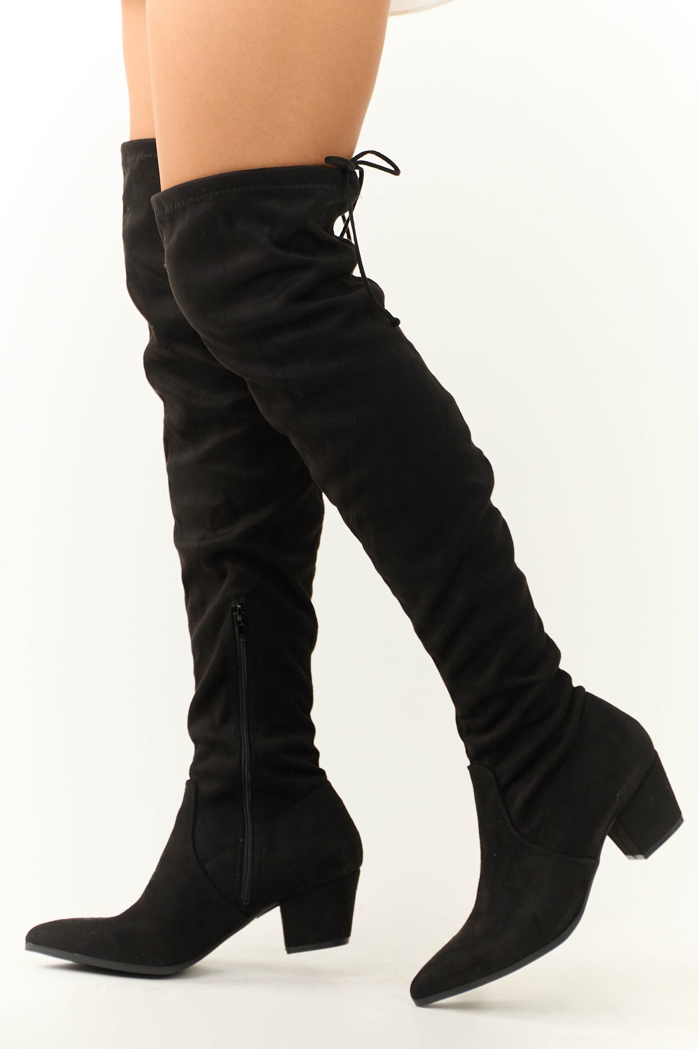 Thigh High Suede Knee High Boots Women Thigh High Black Suede Boots With Heel Black Faux Suede Drawstring