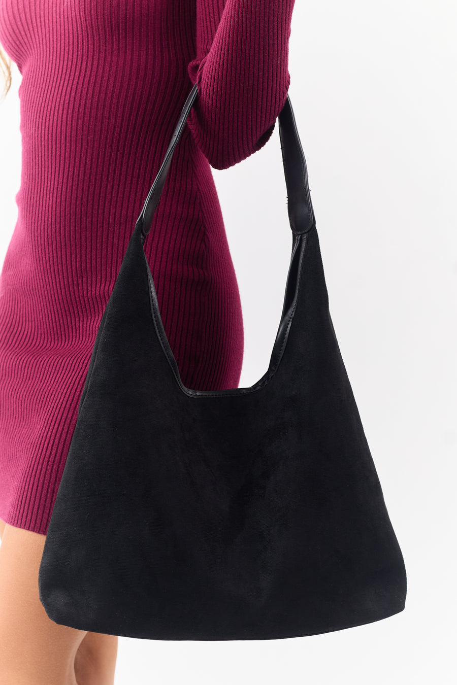 Black Faux Suede Flat Bottom Tote Bag