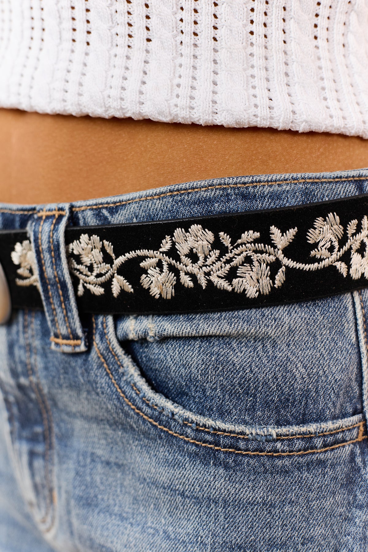 Black Faux Suede Floral Embroidered Belt