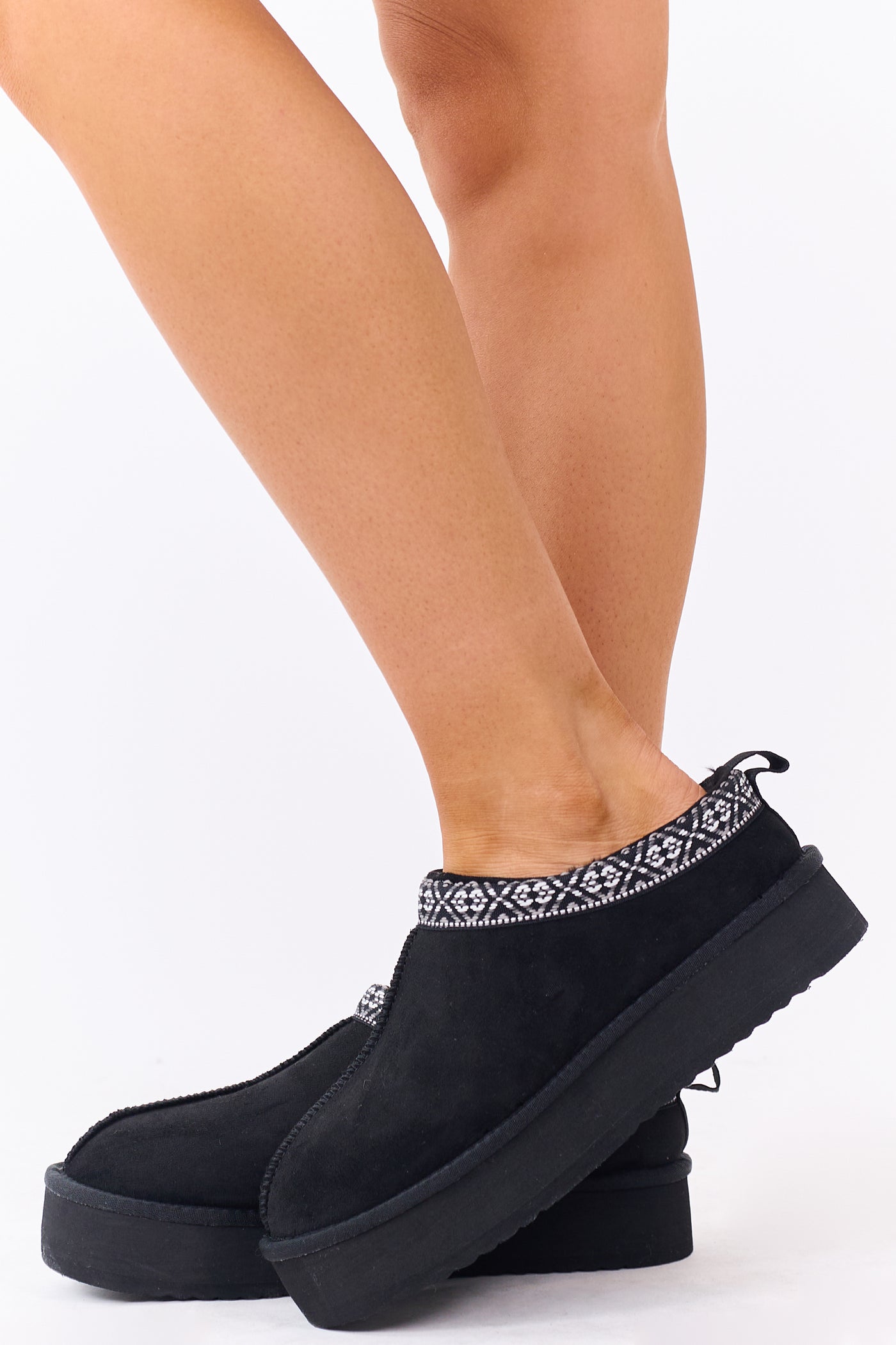 Black Faux Suede Fur Lined Platform Slippers