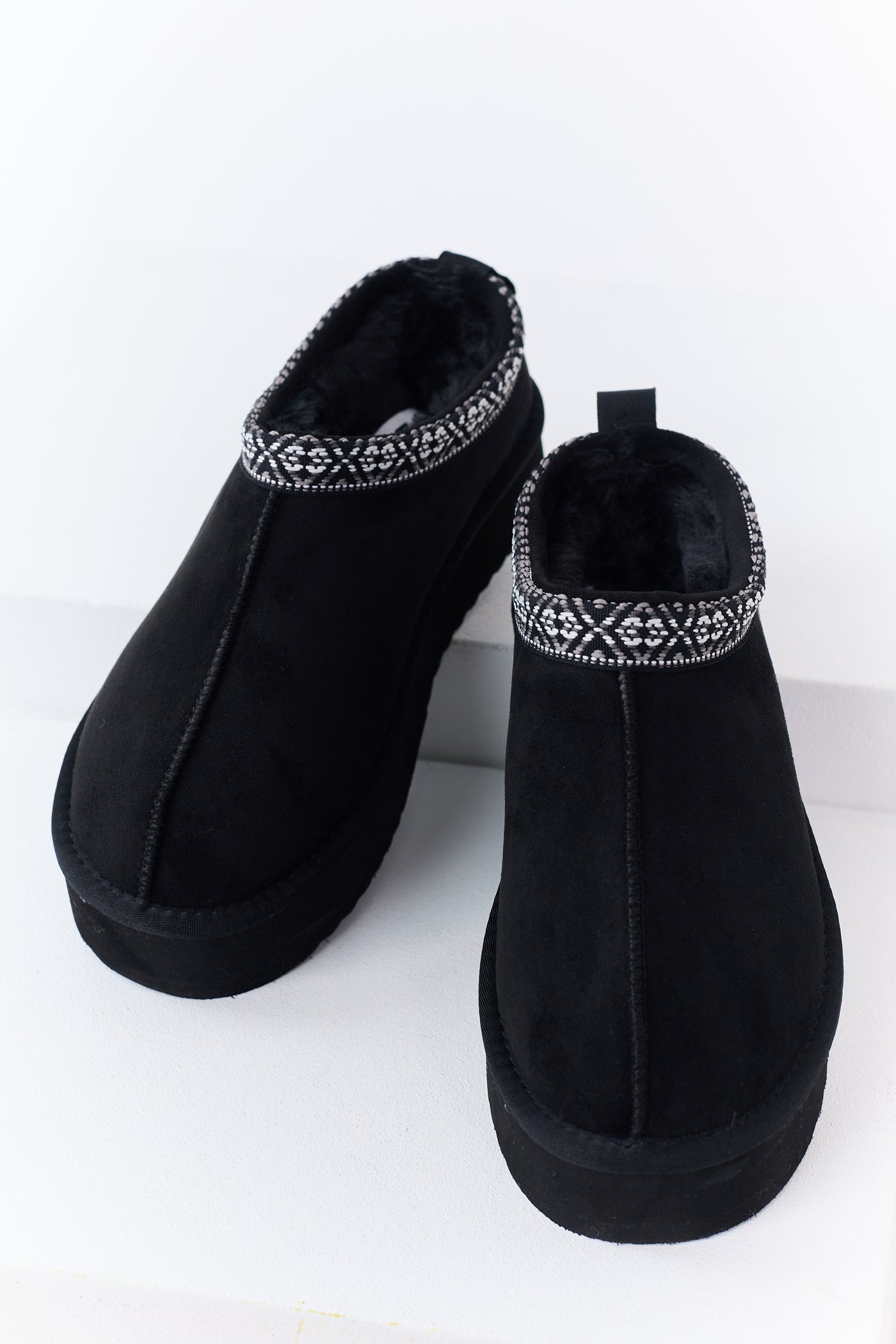 Black Faux Suede Fur Lined Platform Slippers