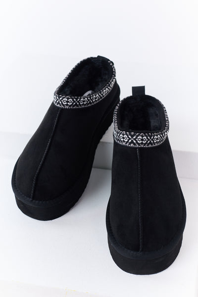 Black Faux Suede Fur Lined Platform Slippers
