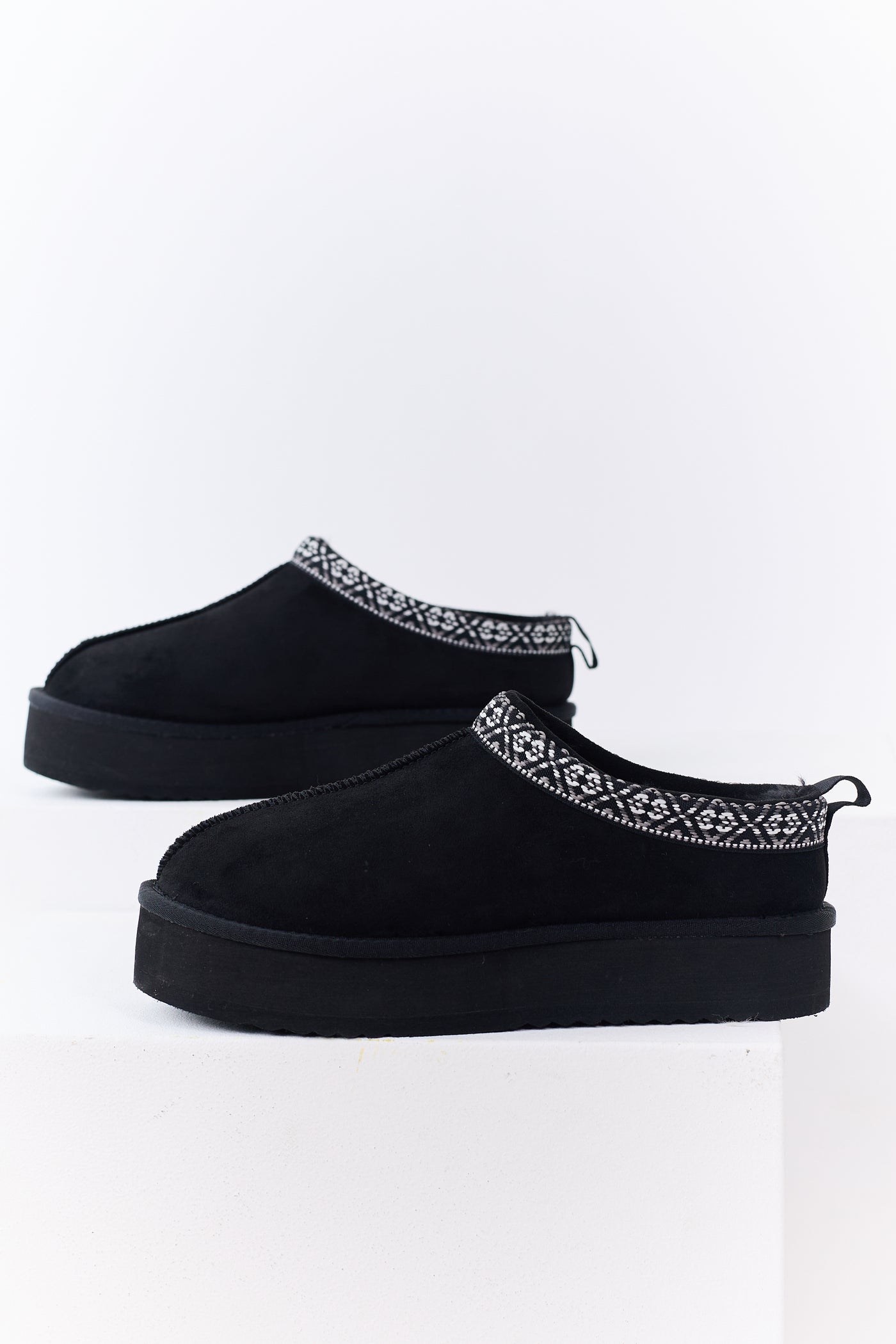 Black Faux Suede Fur Lined Platform Slippers