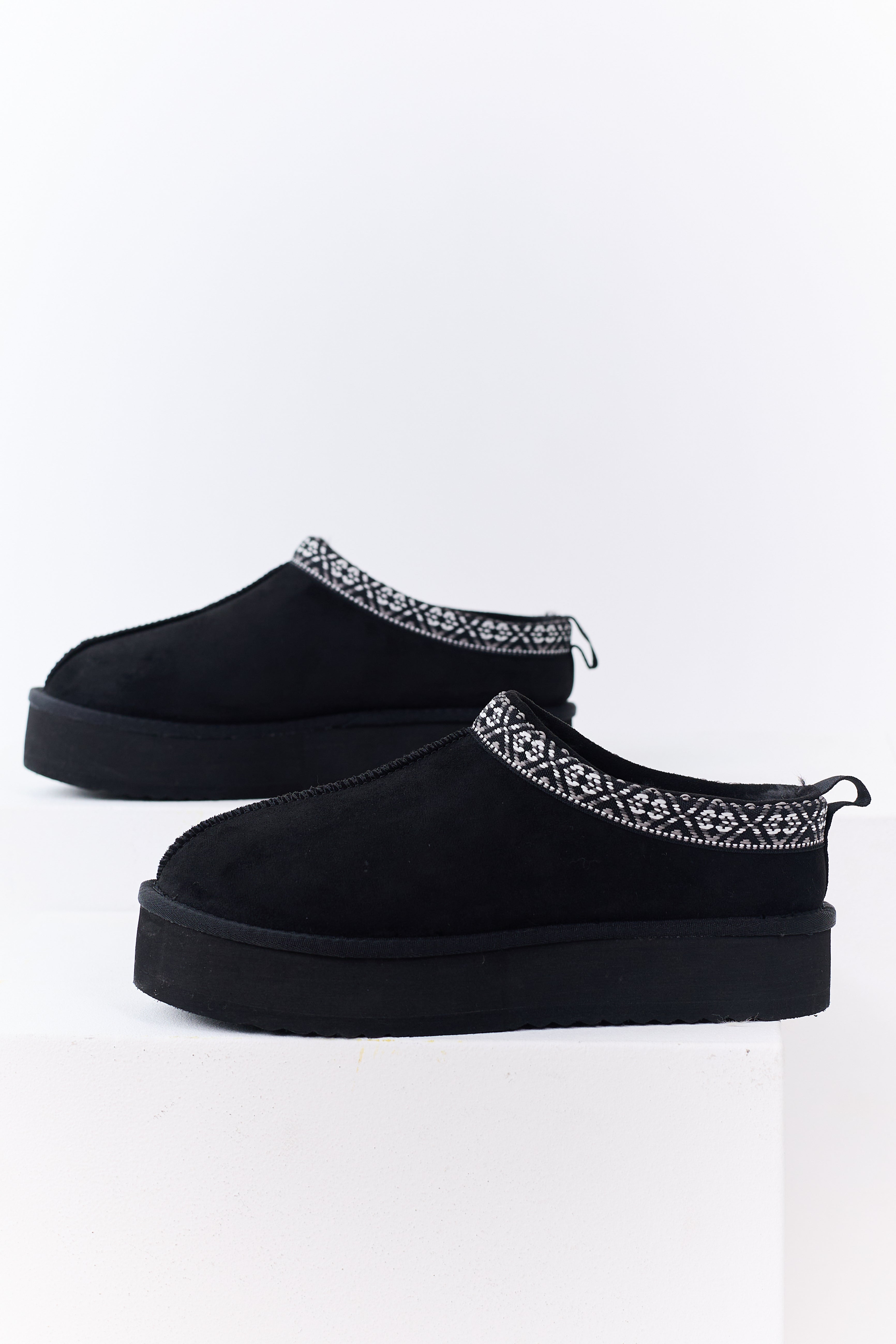 Black Faux Suede Fur Lined Platform Slippers