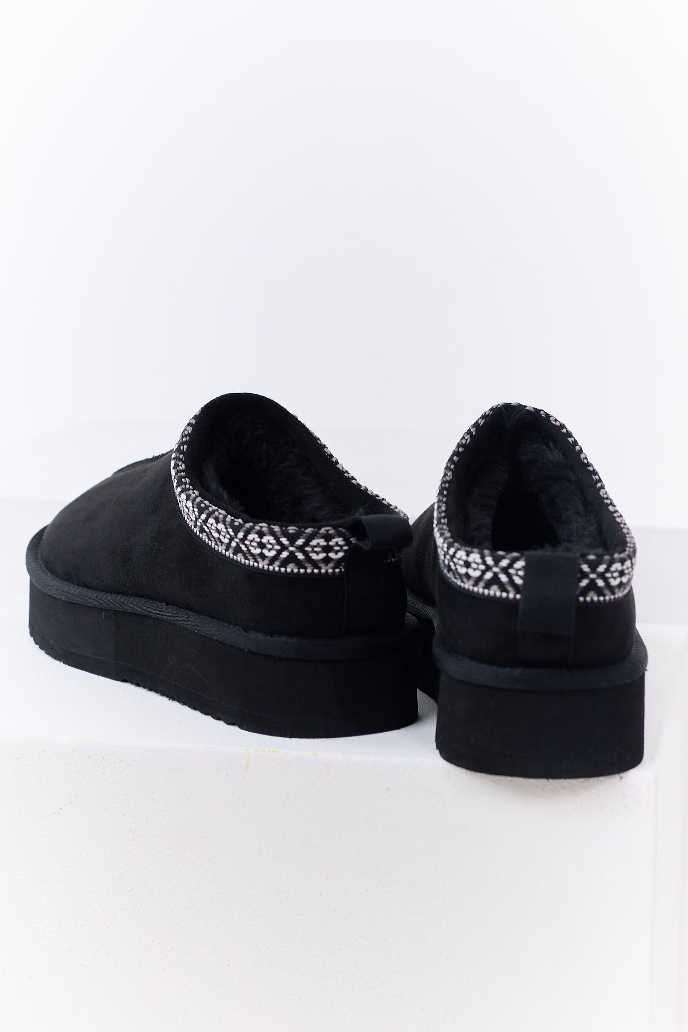 Black Faux Suede Fur Lined Platform Slippers