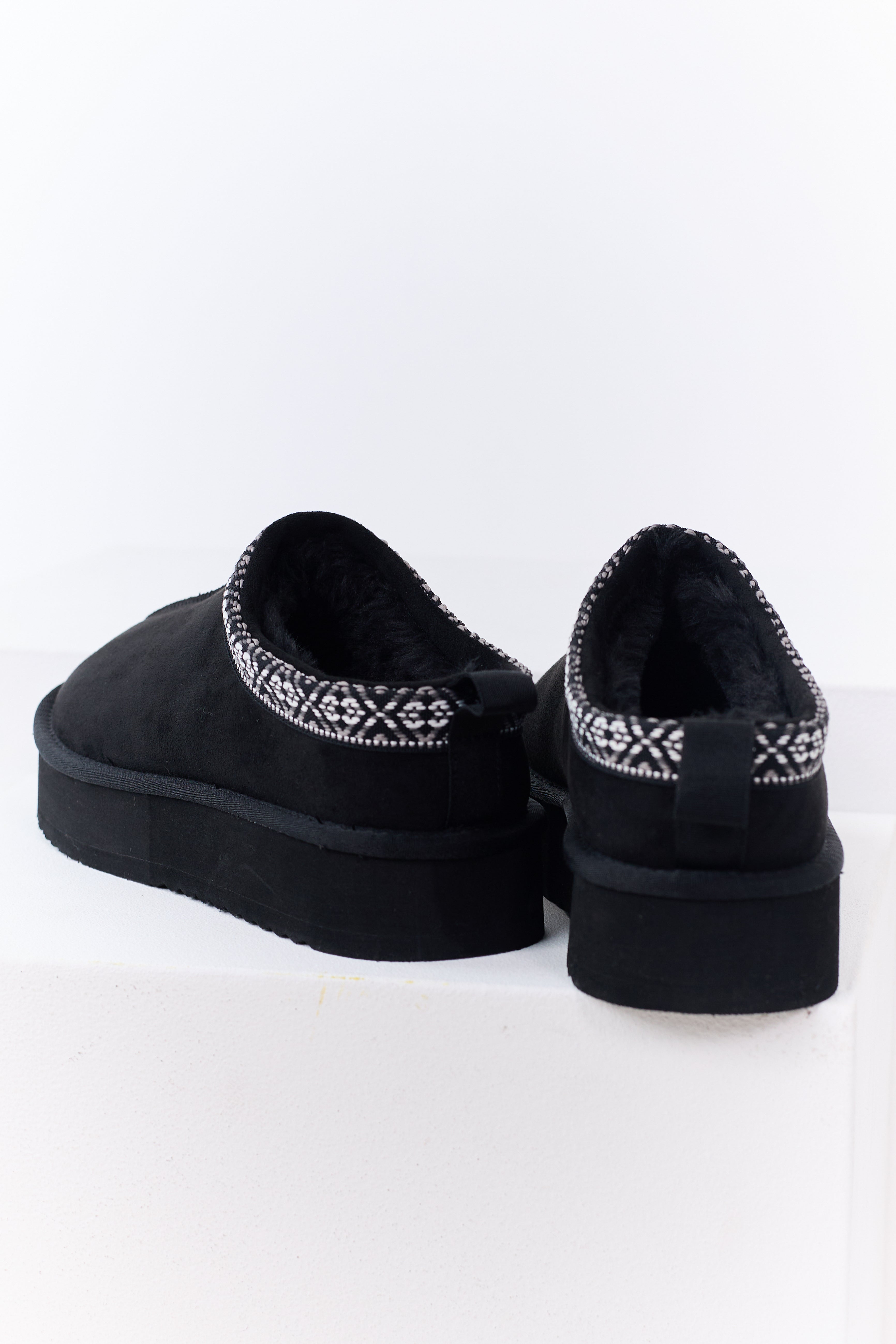 Black Faux Suede Fur Lined Platform Slippers
