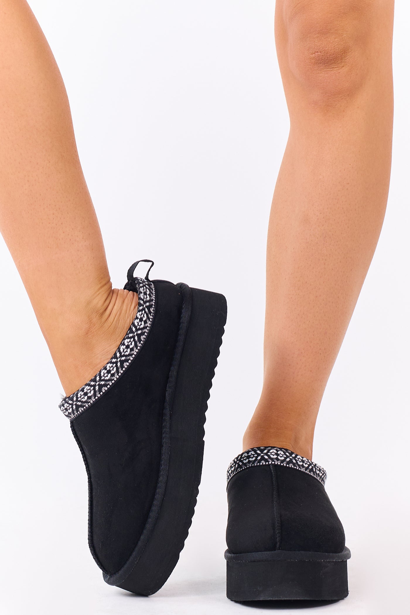 Black Faux Suede Fur Lined Platform Slippers