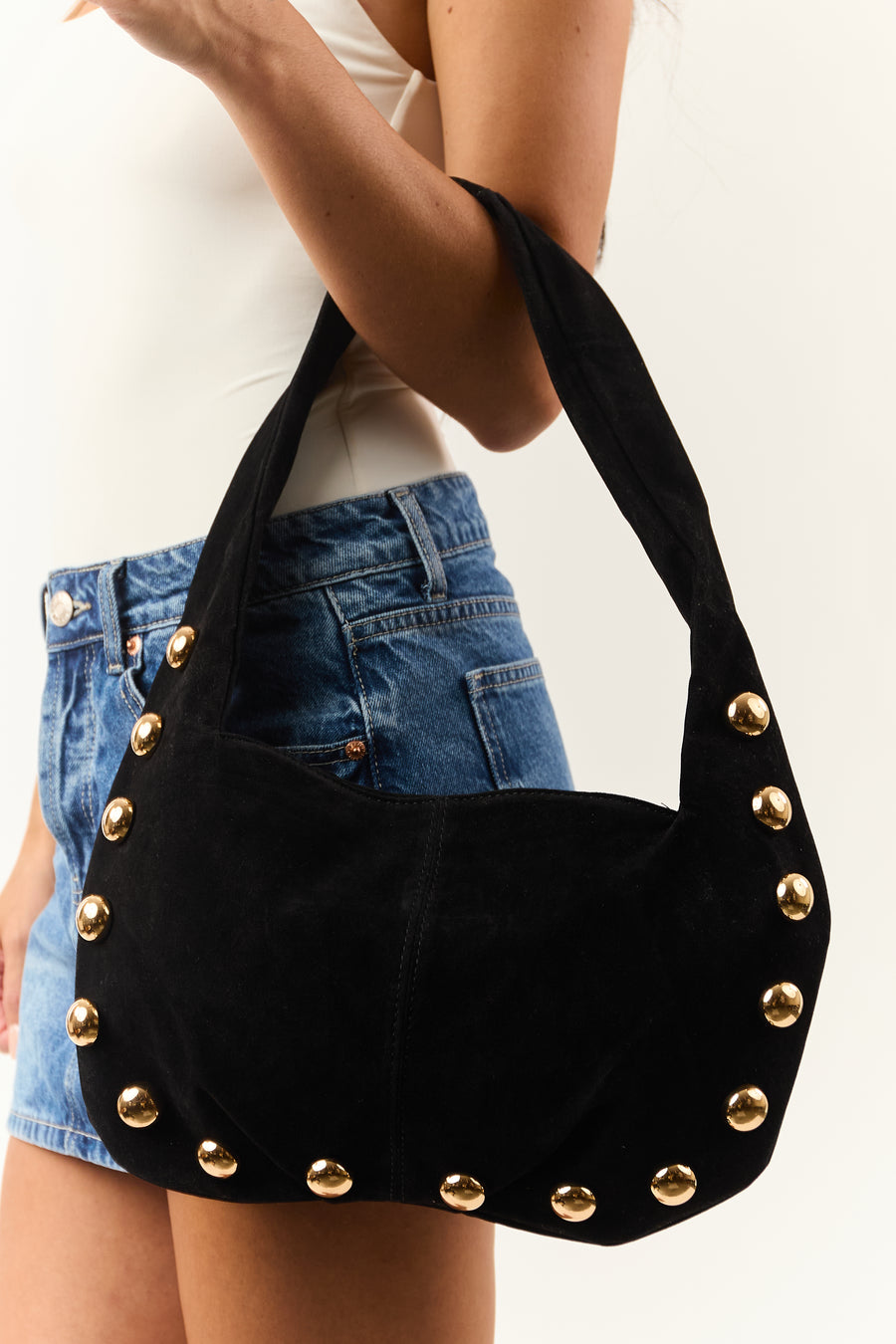 Black Faux Suede Gold Studded Shoulder Bag