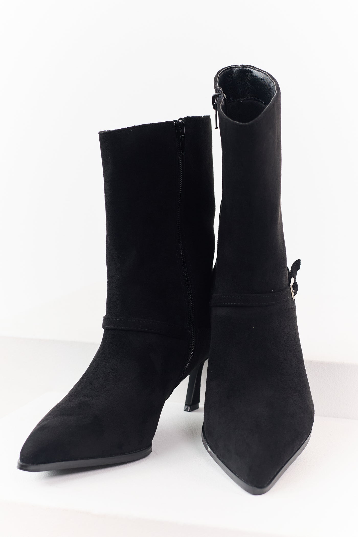 Black Faux Suede Kitten Heel Booties