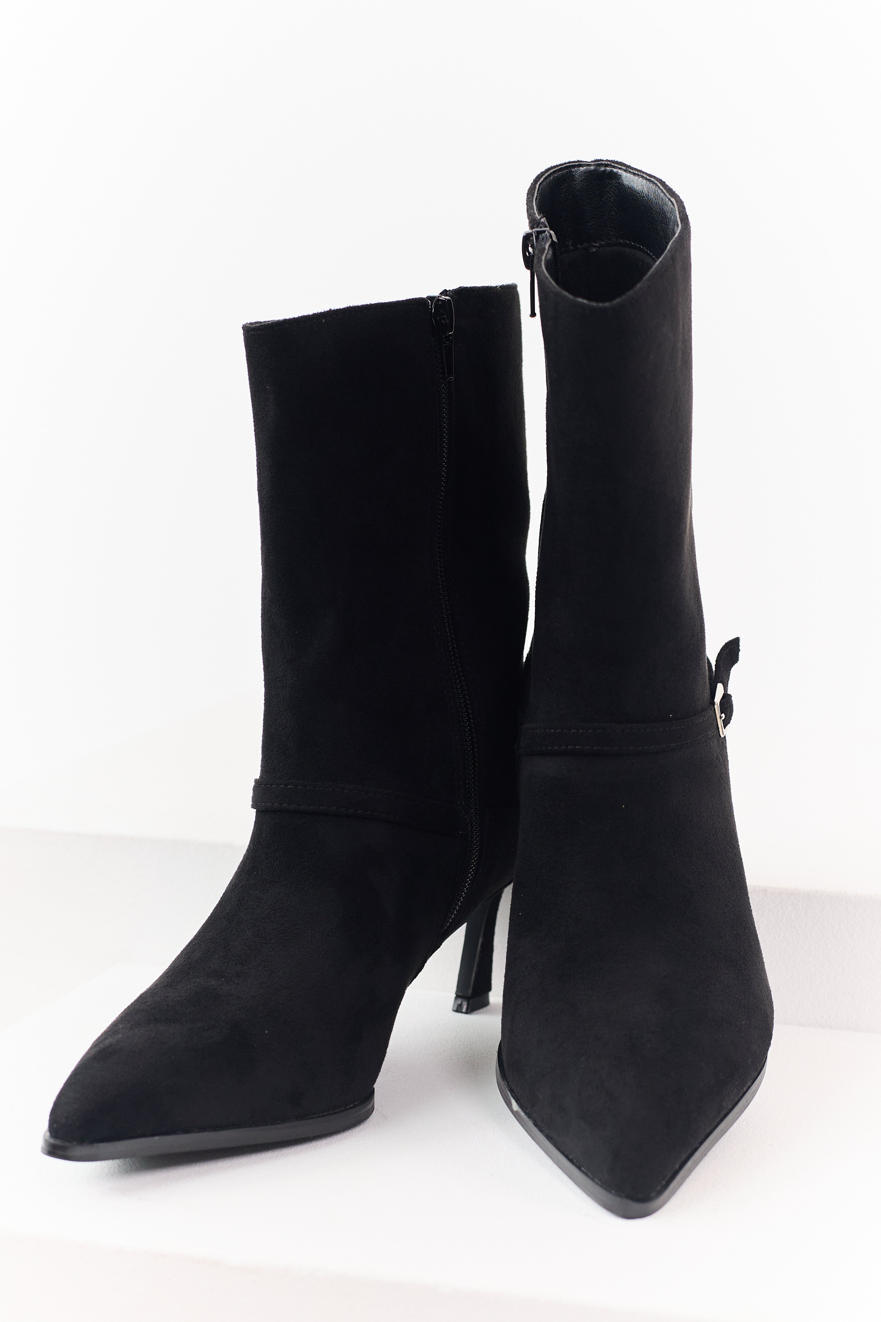 Black Faux Suede Kitten Heel Booties