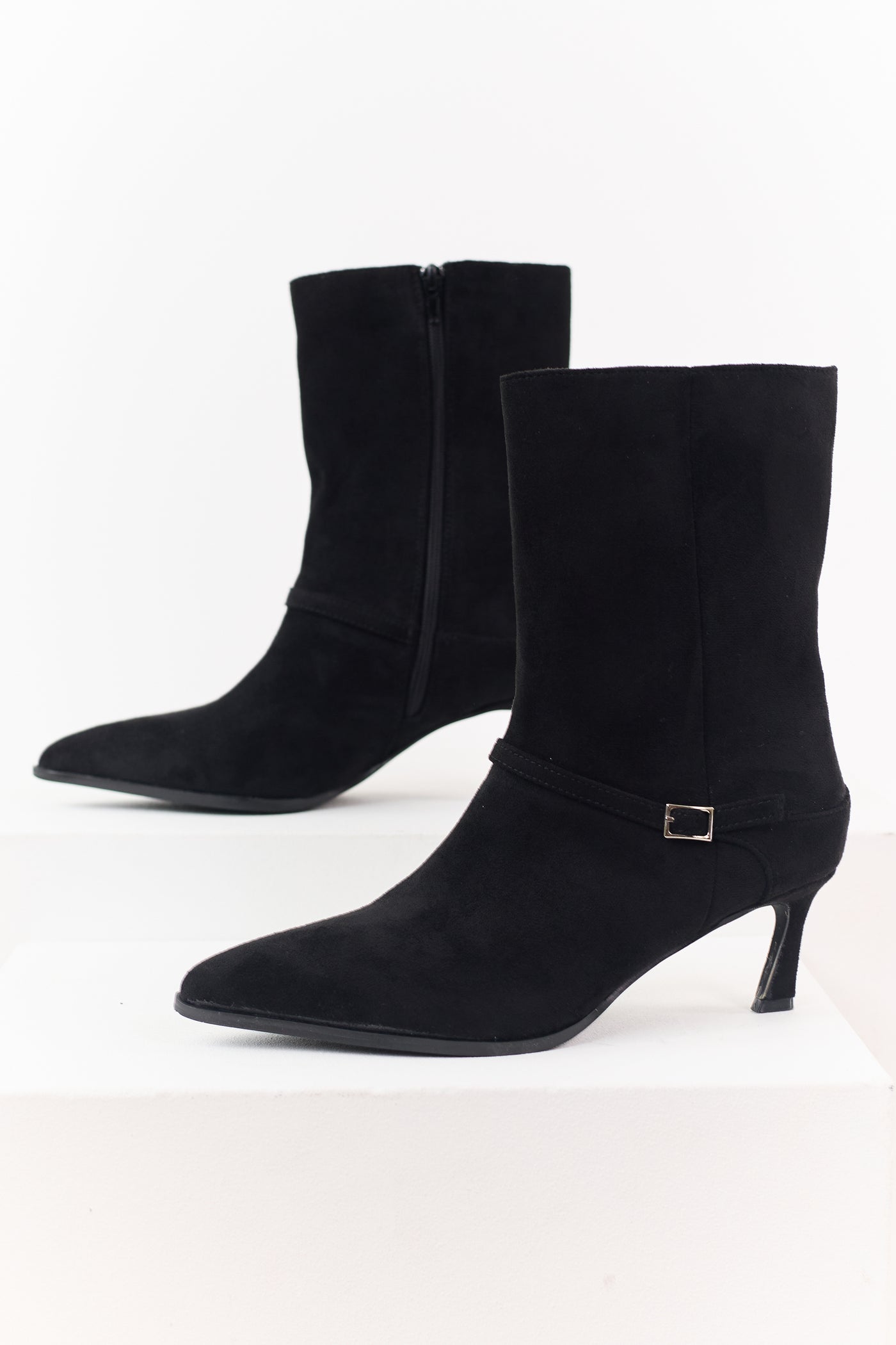 Black Faux Suede Kitten Heel Booties