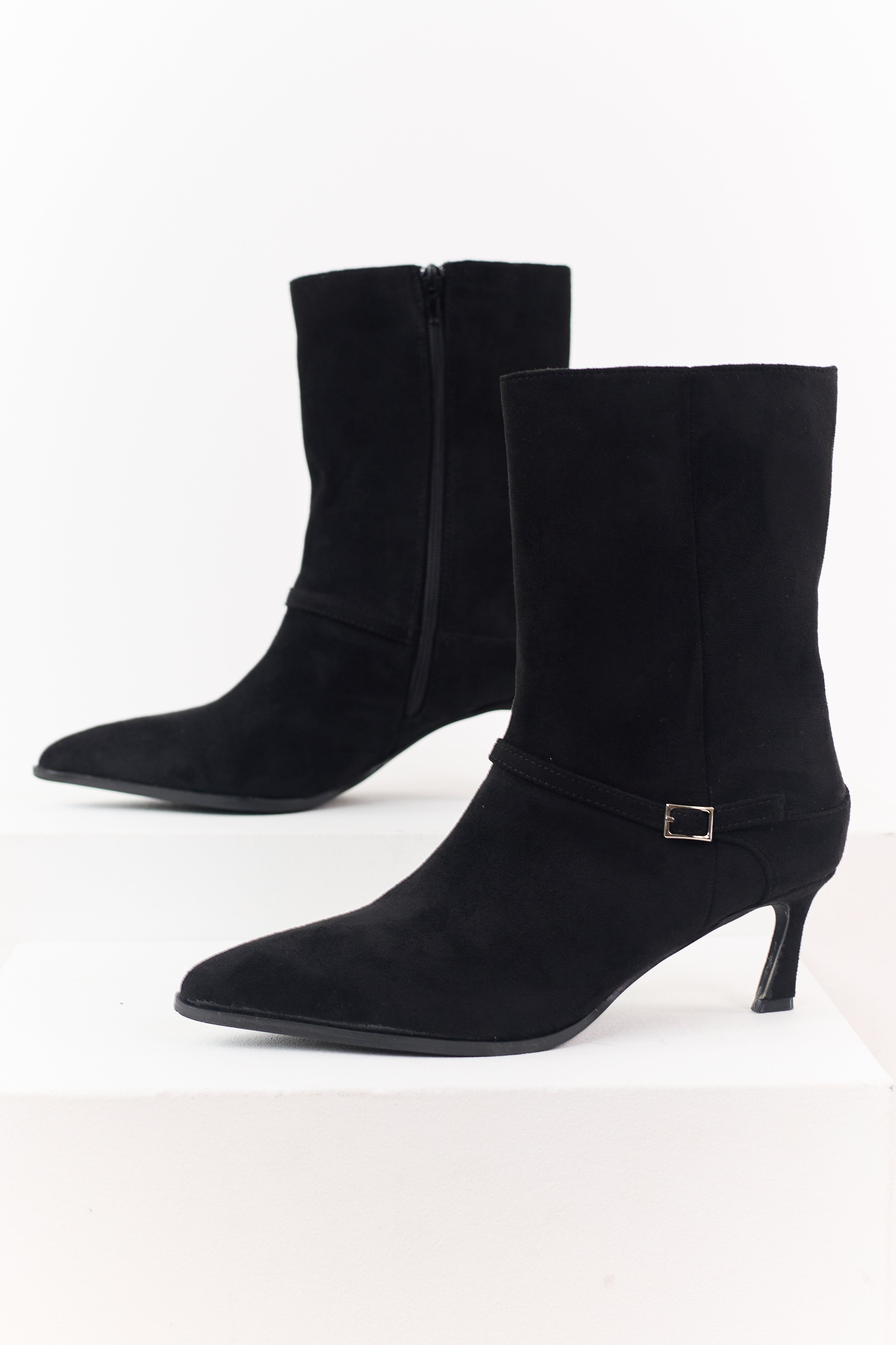Black Faux Suede Kitten Heel Booties