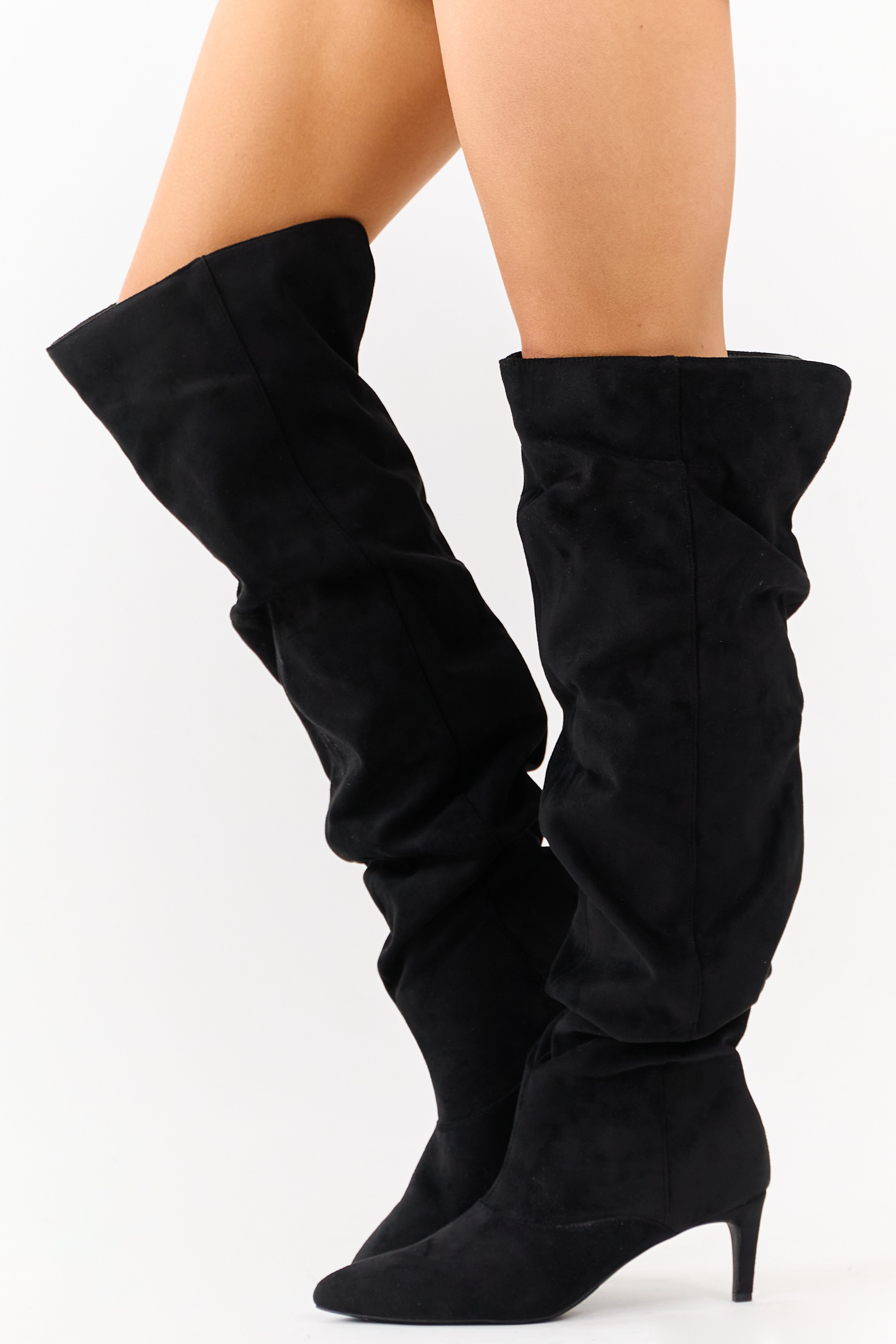 Black Faux Suede Low Stiletto Heel Slouchy Boots