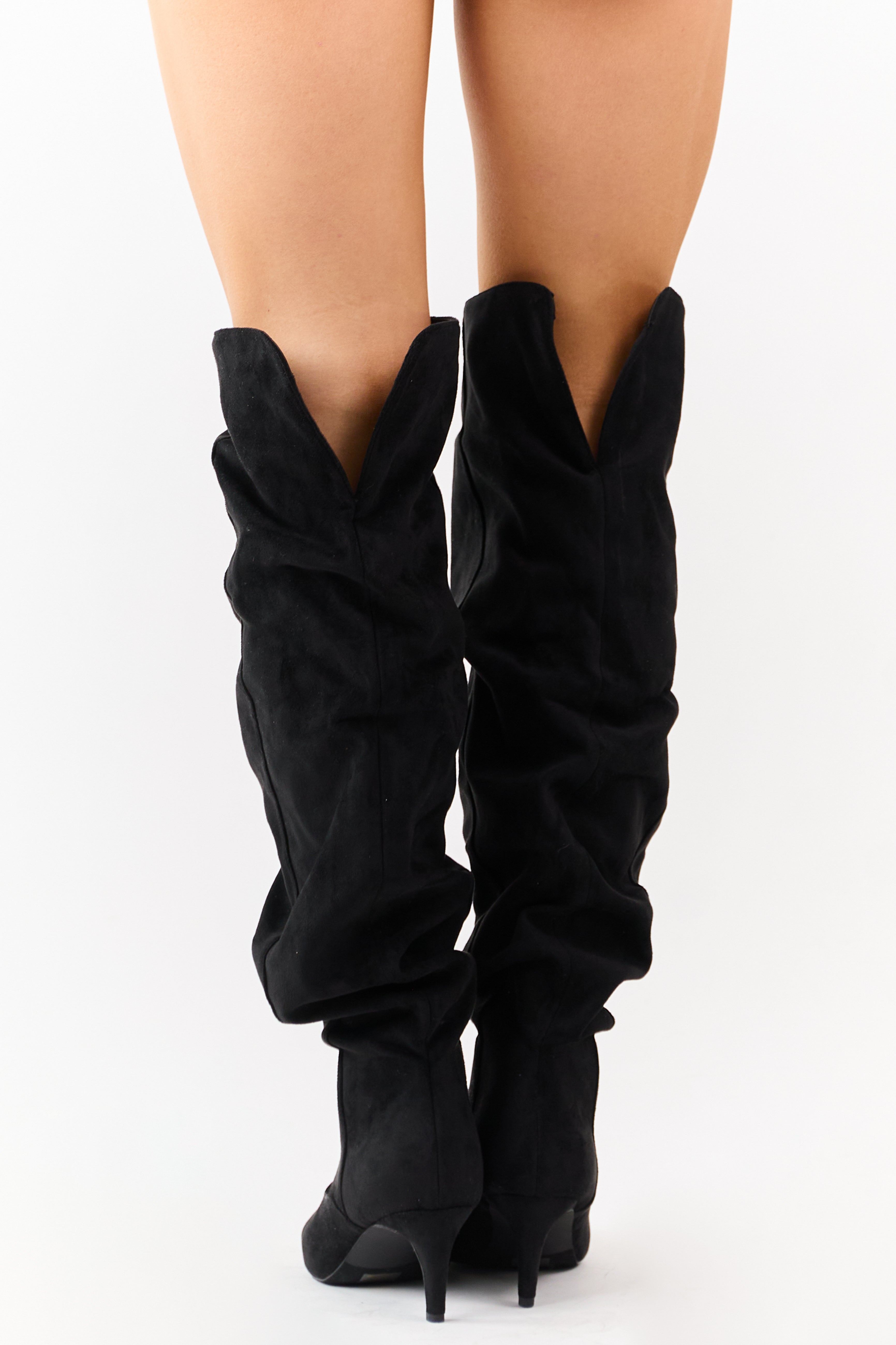 Black Faux Suede Low Stiletto Heel Slouchy Boots