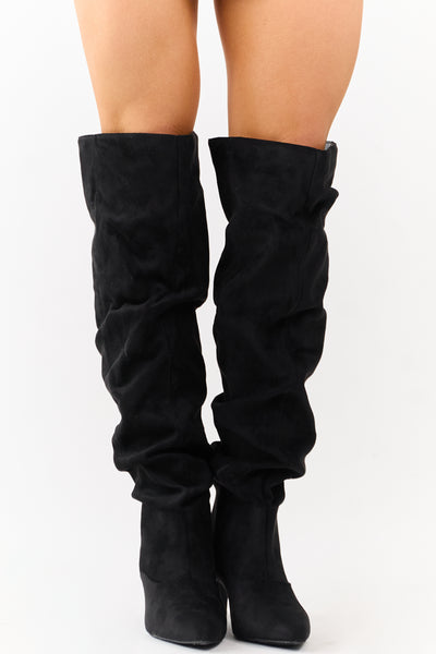 Black Faux Suede Low Stiletto Heel Slouchy Boots