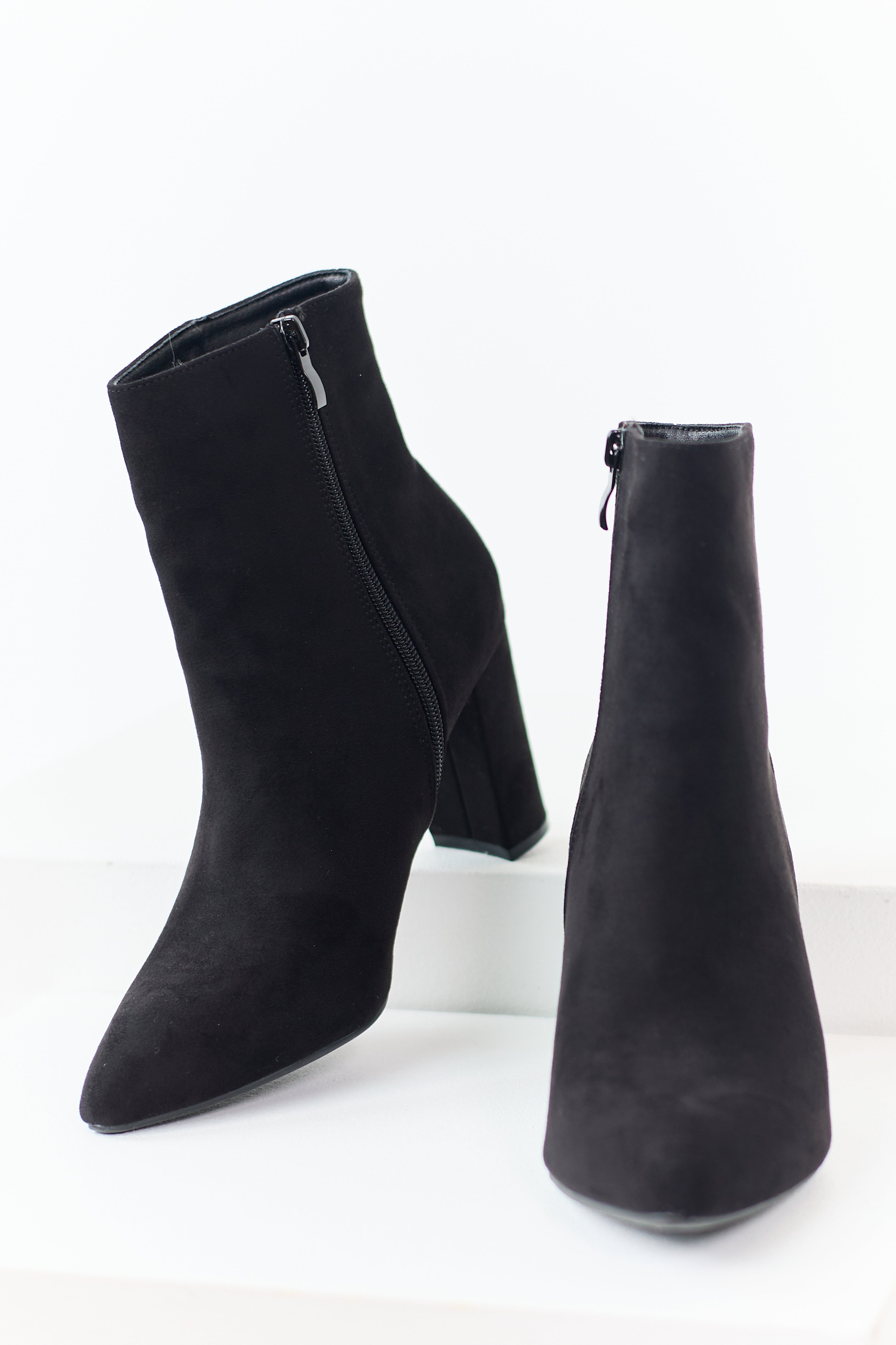 Black Faux Suede Pointed Toe Heeled Booties