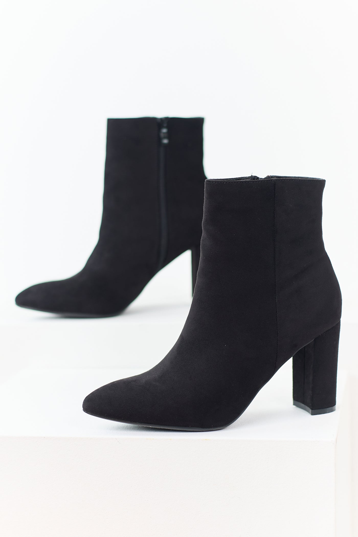 Black Faux Suede Pointed Toe Heeled Booties