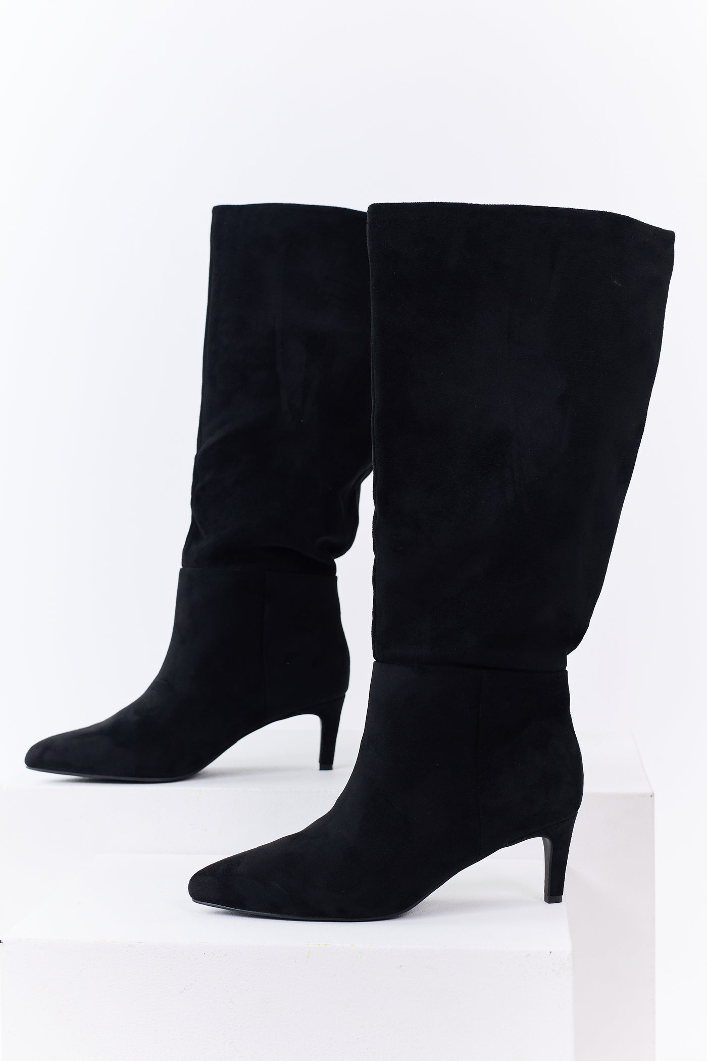Black Faux Suede Pointed Toe Heeled Tall Boots