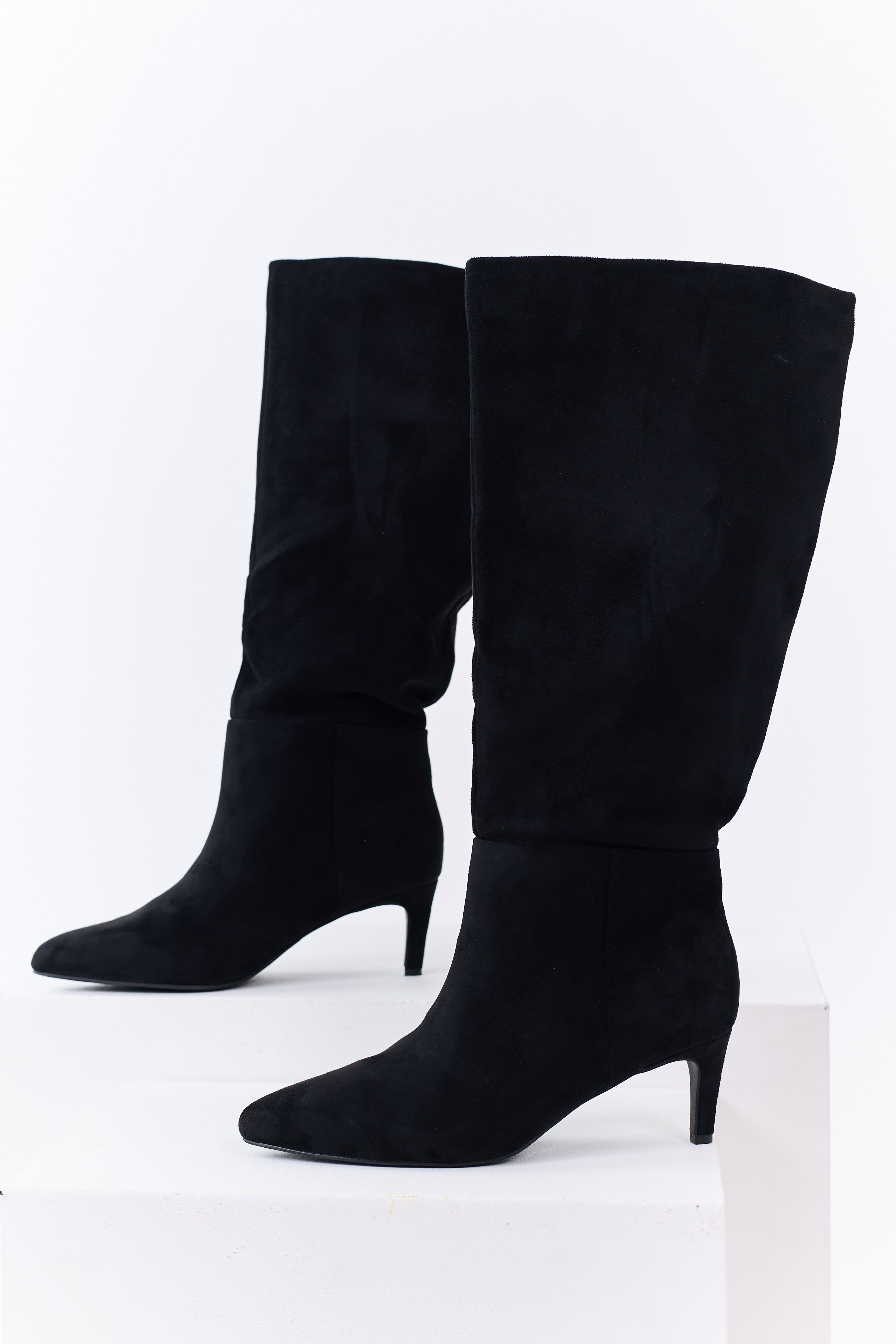 Black Faux Suede Pointed Toe Heeled Tall Boots