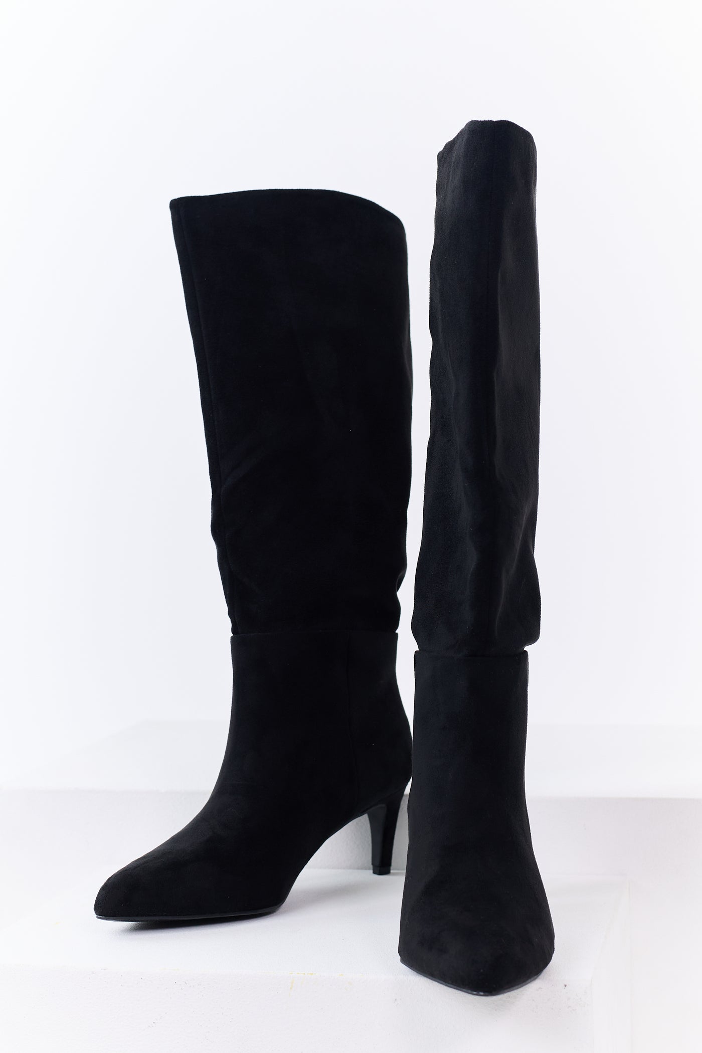 Black Faux Suede Pointed Toe Heeled Tall Boots