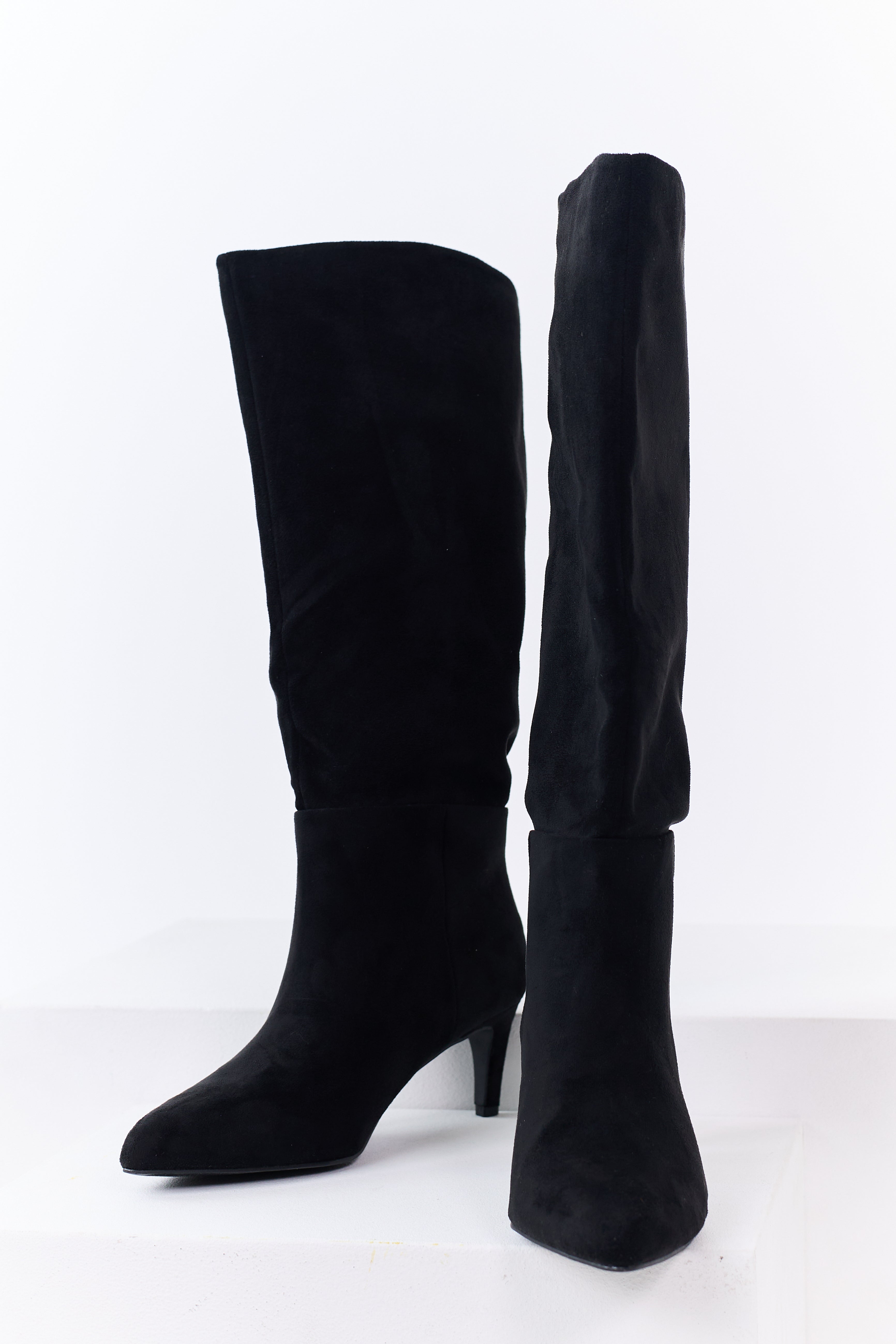 Black Faux Suede Pointed Toe Heeled Tall Boots