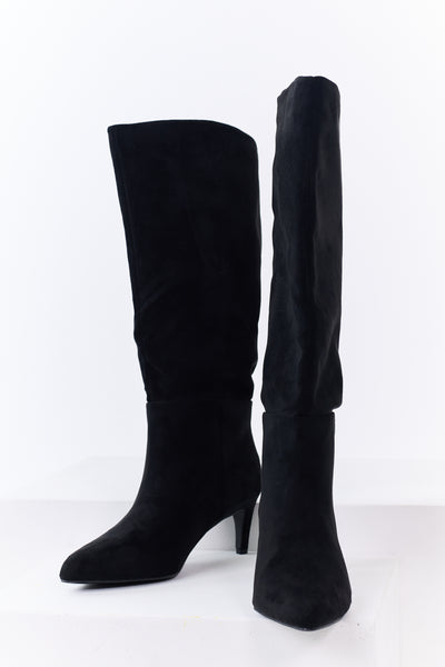 Black Faux Suede Pointed Toe Heeled Tall Boots
