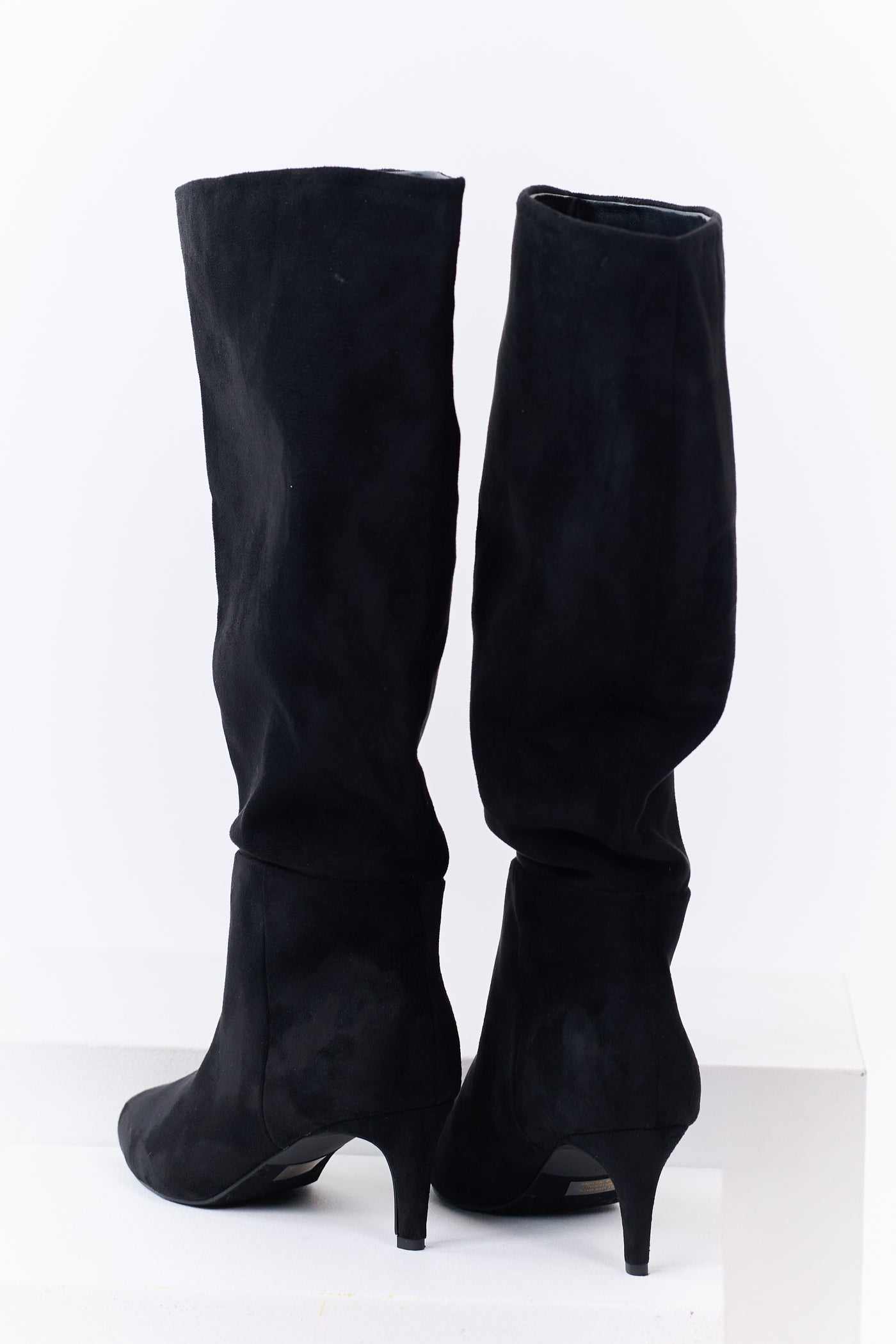 Black Faux Suede Pointed Toe Heeled Tall Boots