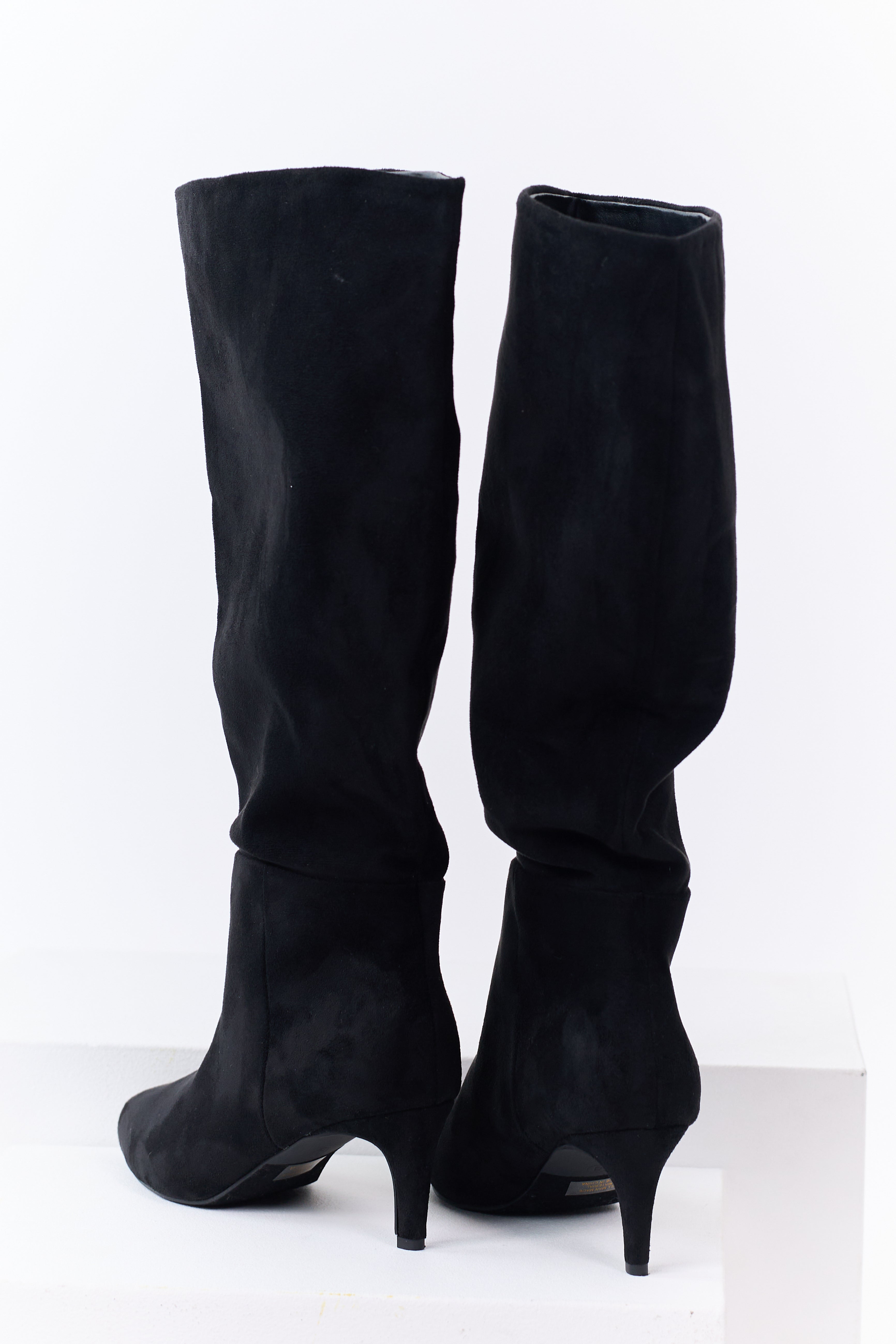 Black Faux Suede Pointed Toe Heeled Tall Boots