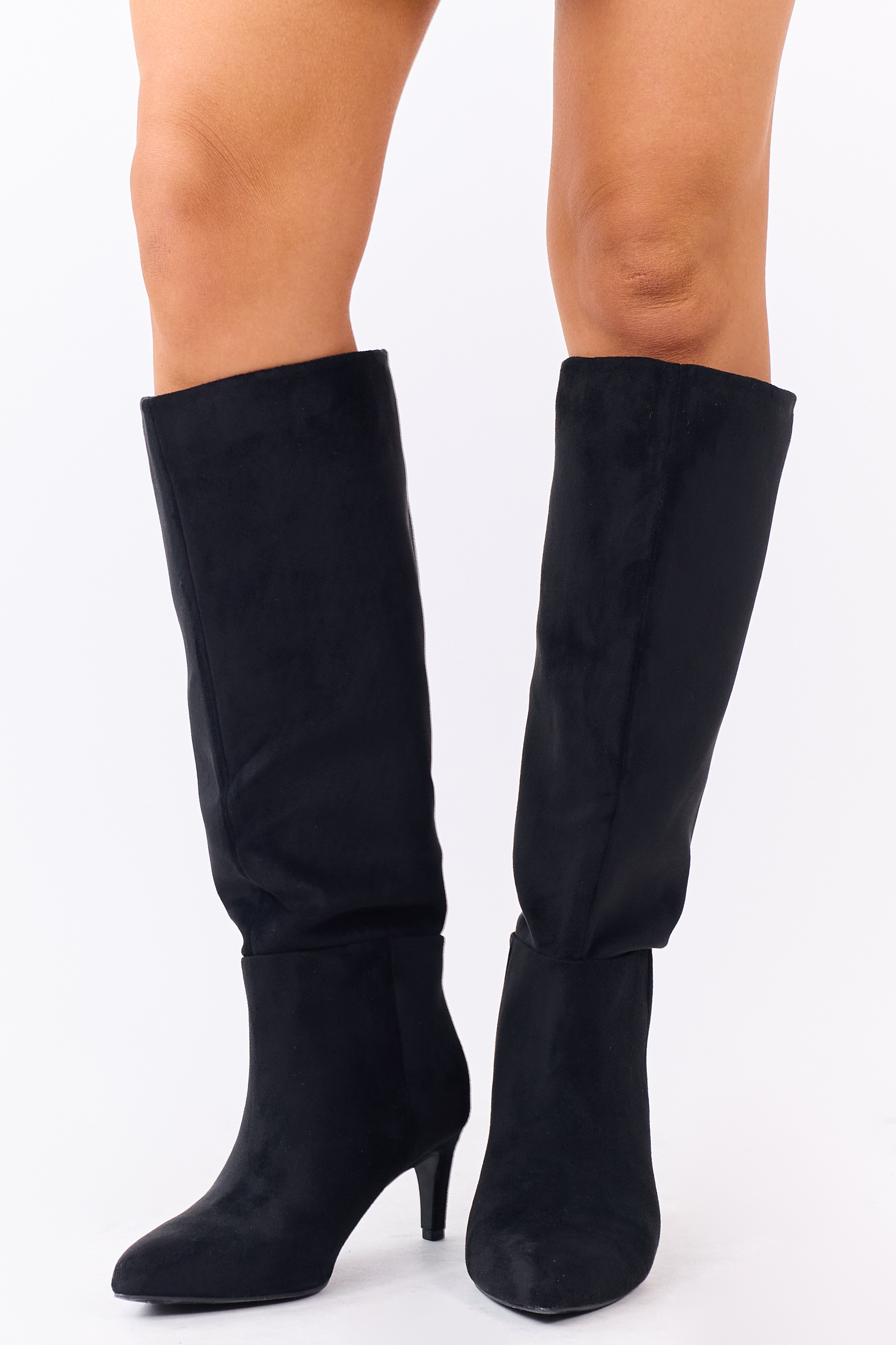Black Faux Suede Pointed Toe Heeled Tall Boots