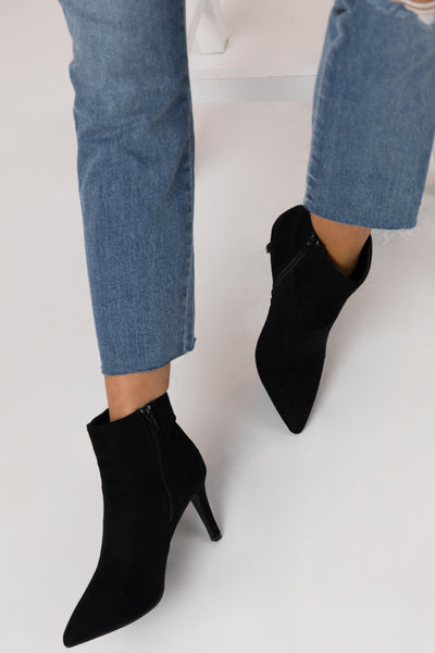 Black Faux Suede Pointed Toe Stiletto Booties