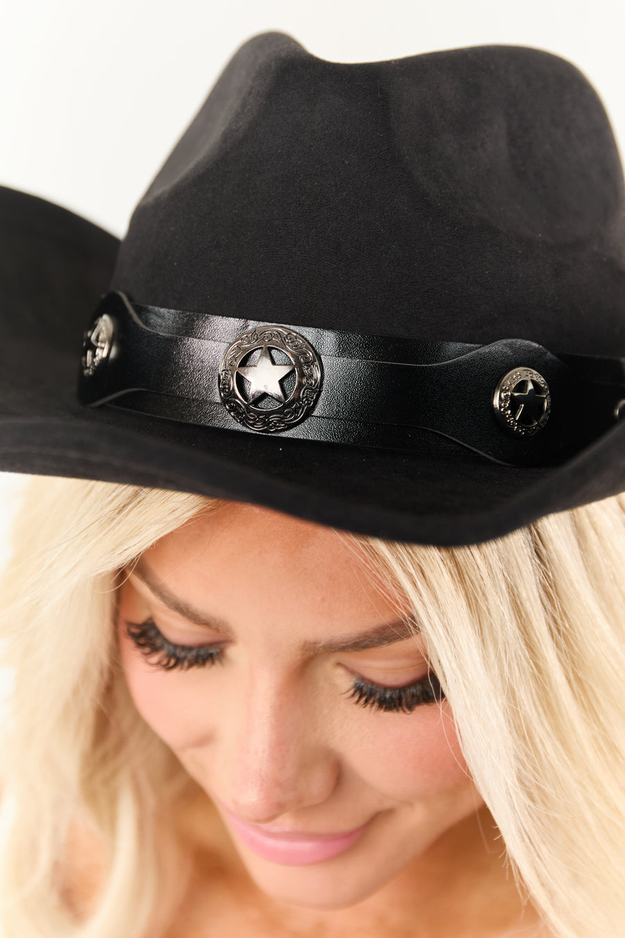 Black Faux Suede Star Disc Band Cowboy Hat