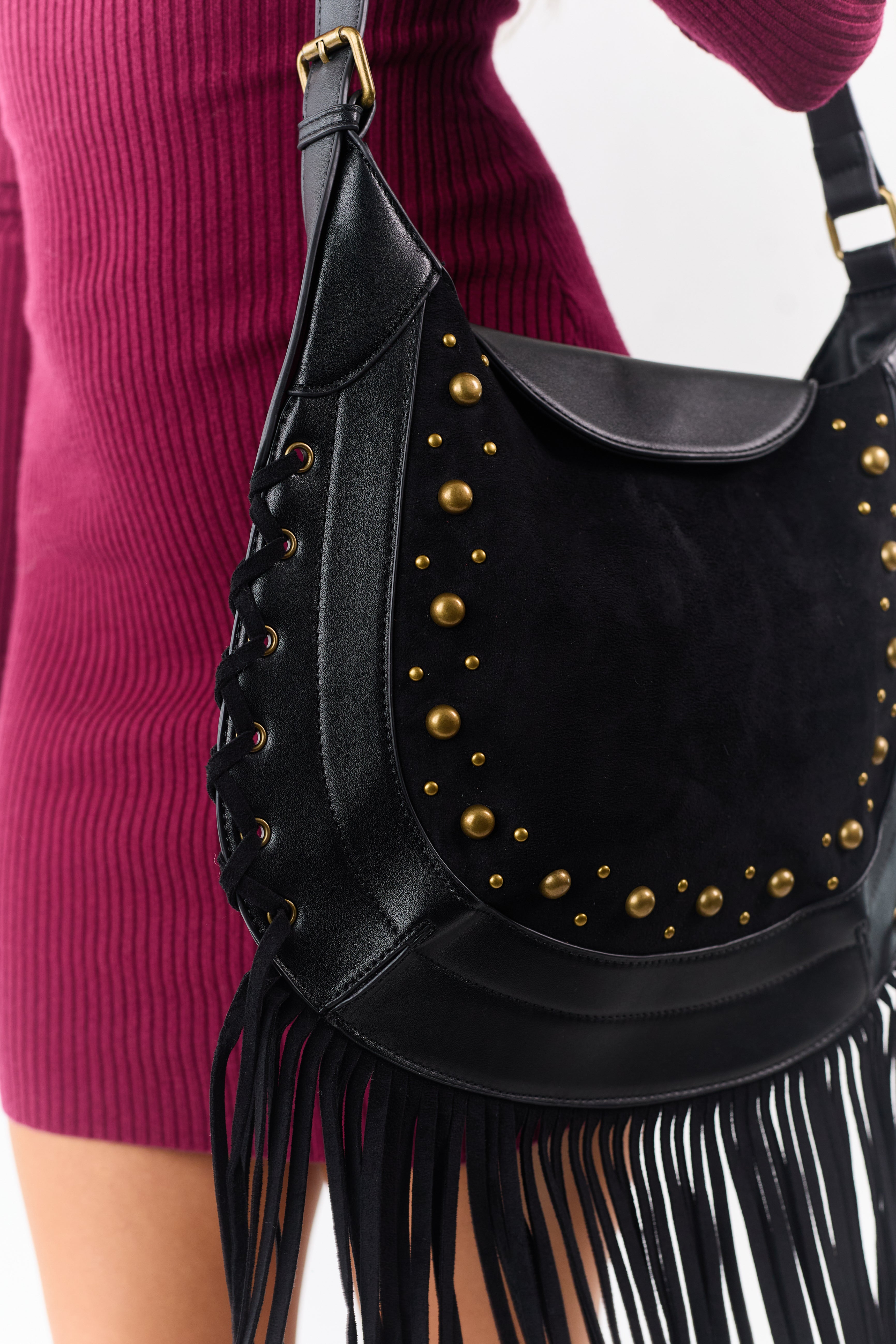 Black Faux Suede Stud Trim Fringe Bag