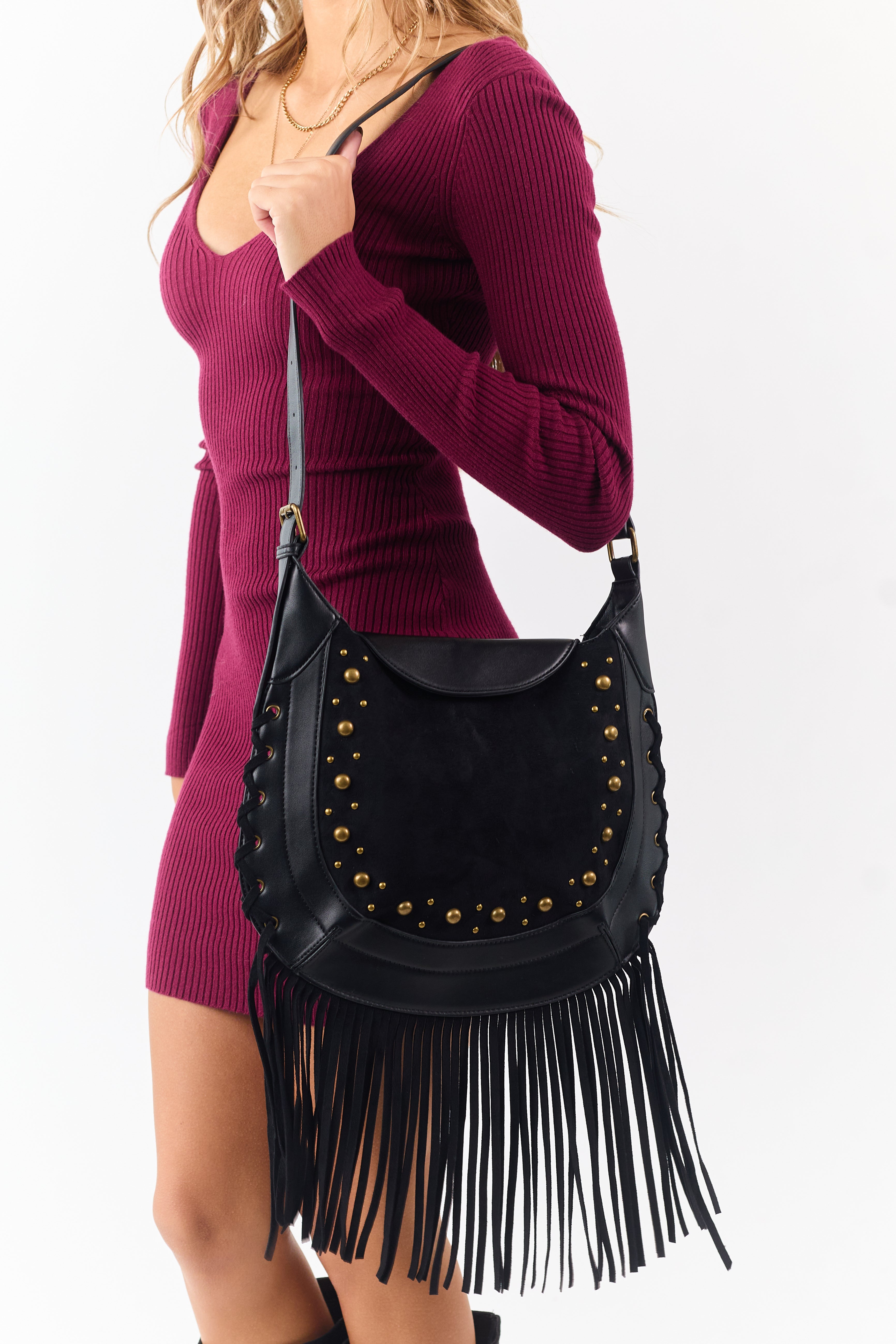 Black Faux Suede Stud Trim Fringe Bag
