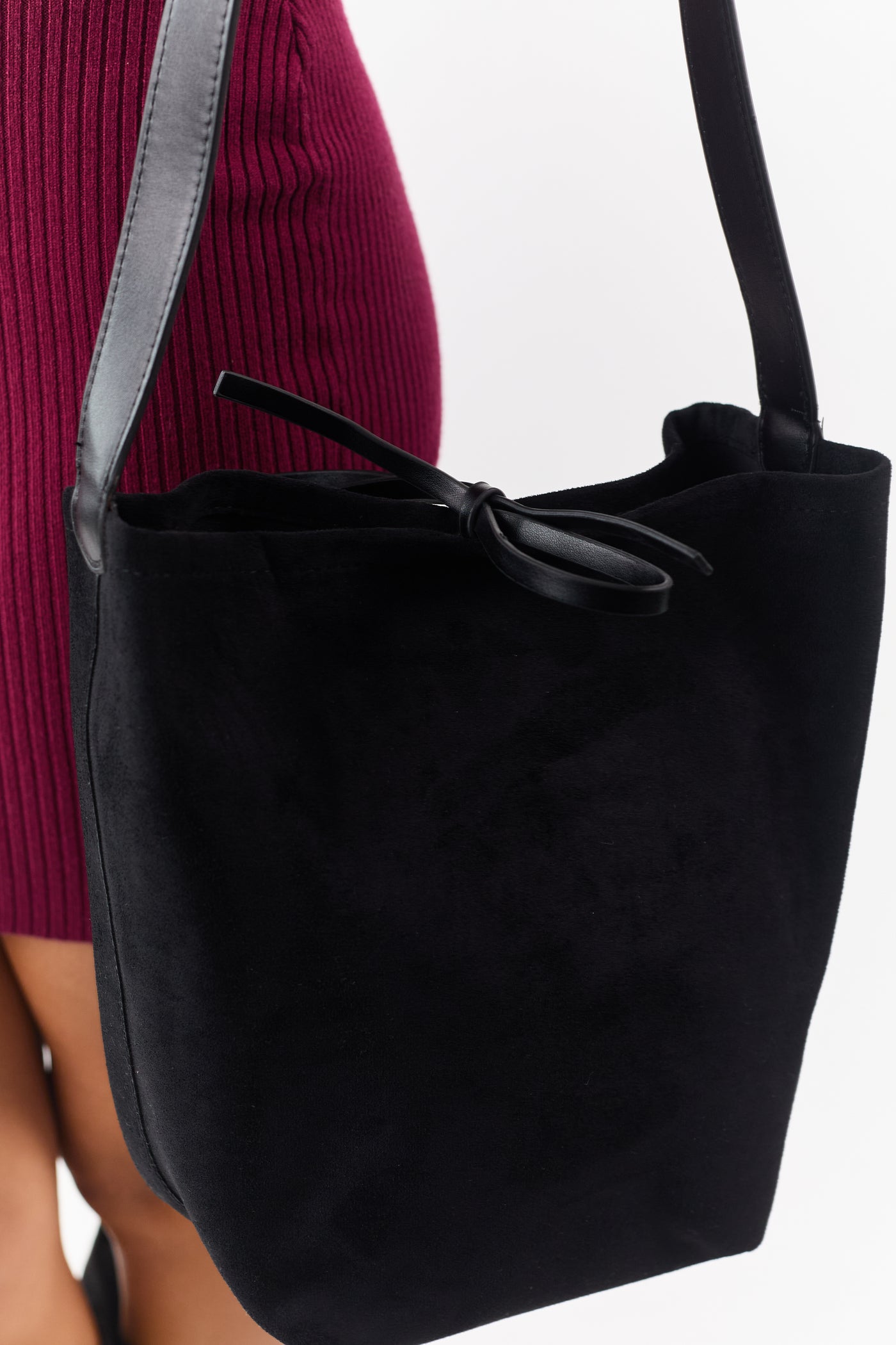 Black Faux Suede Tote Bag with Drawstring Pouch