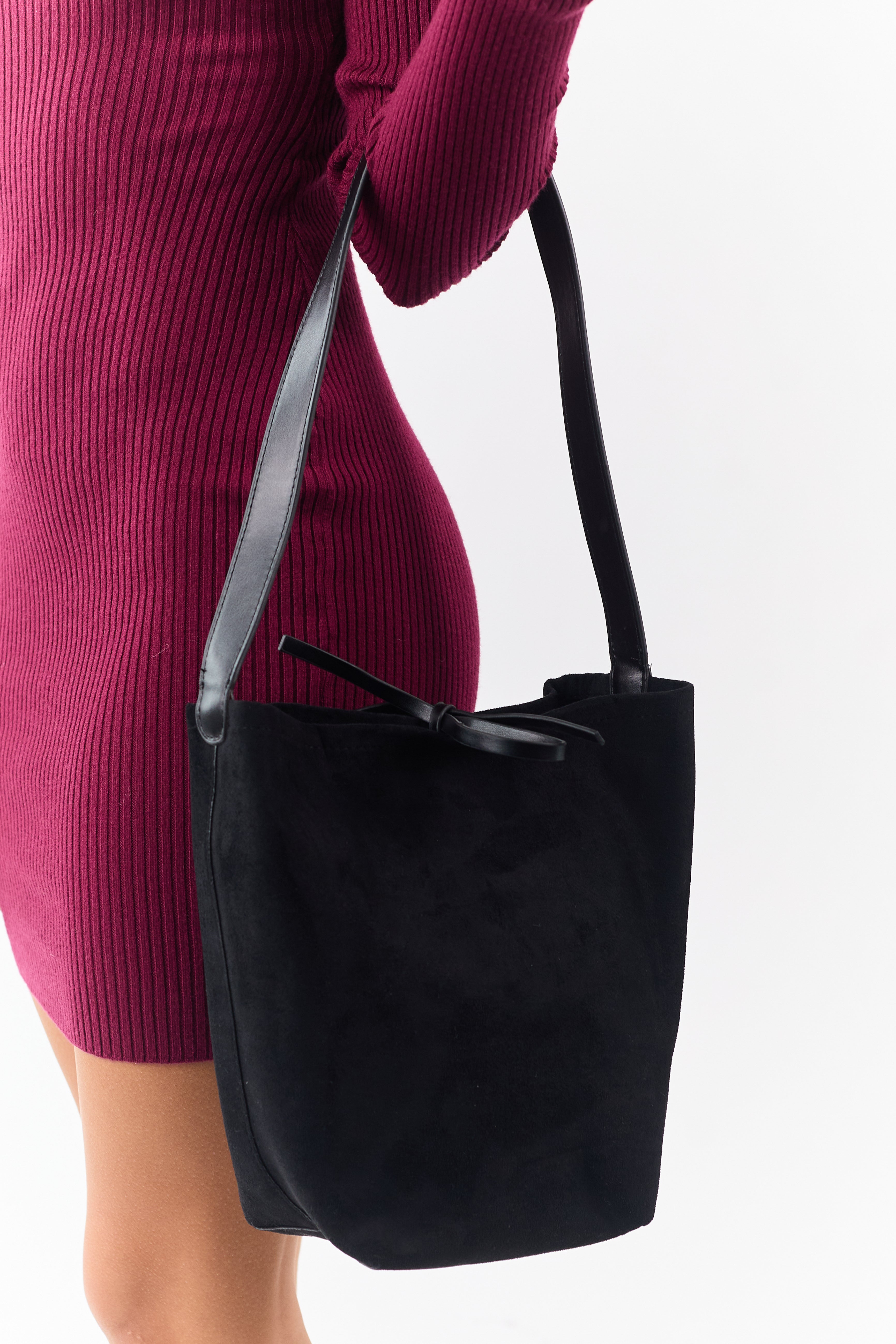Black Faux Suede Tote Bag with Drawstring Pouch