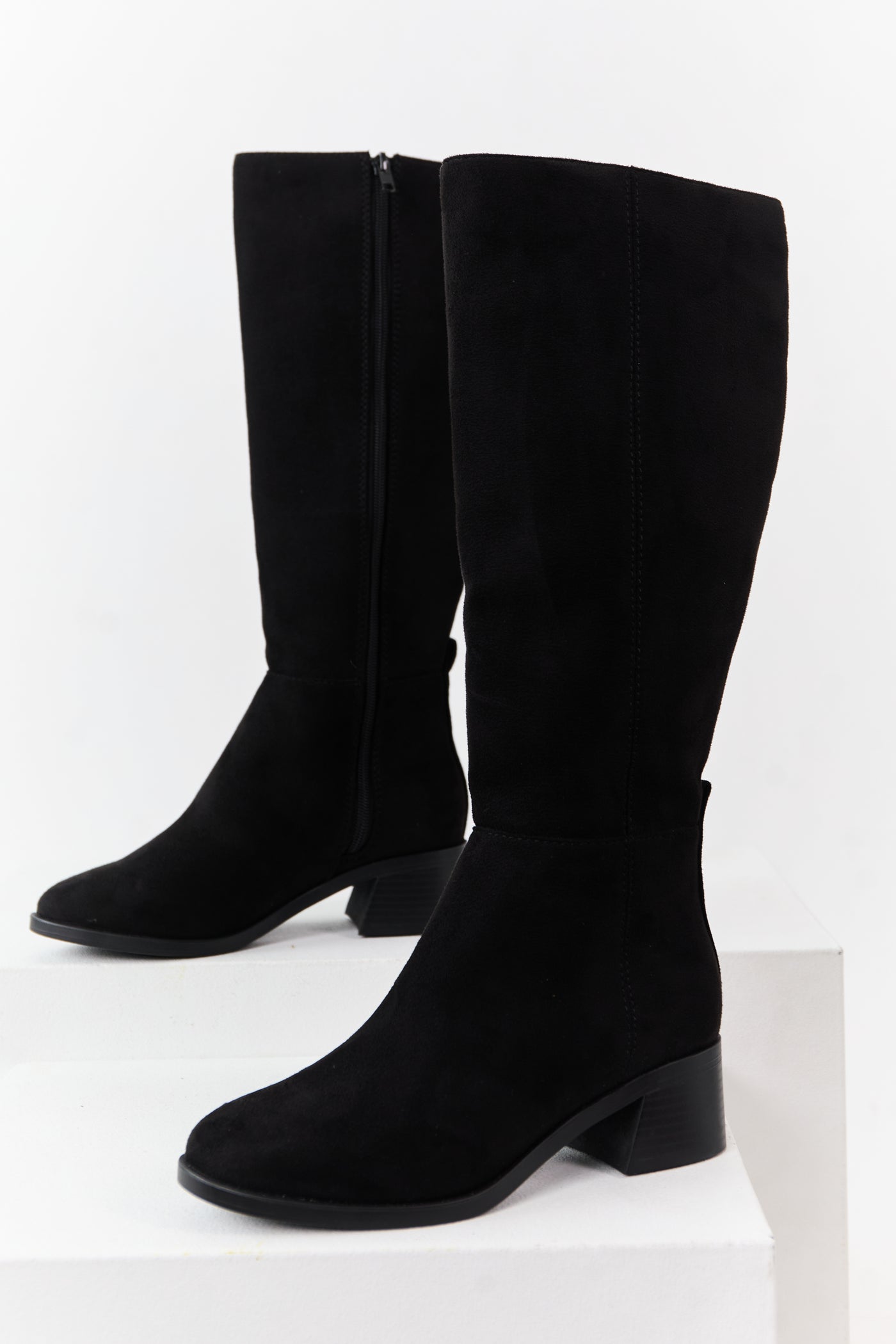 Black Faux Suede Wide Calf Block Heel Tall Boots