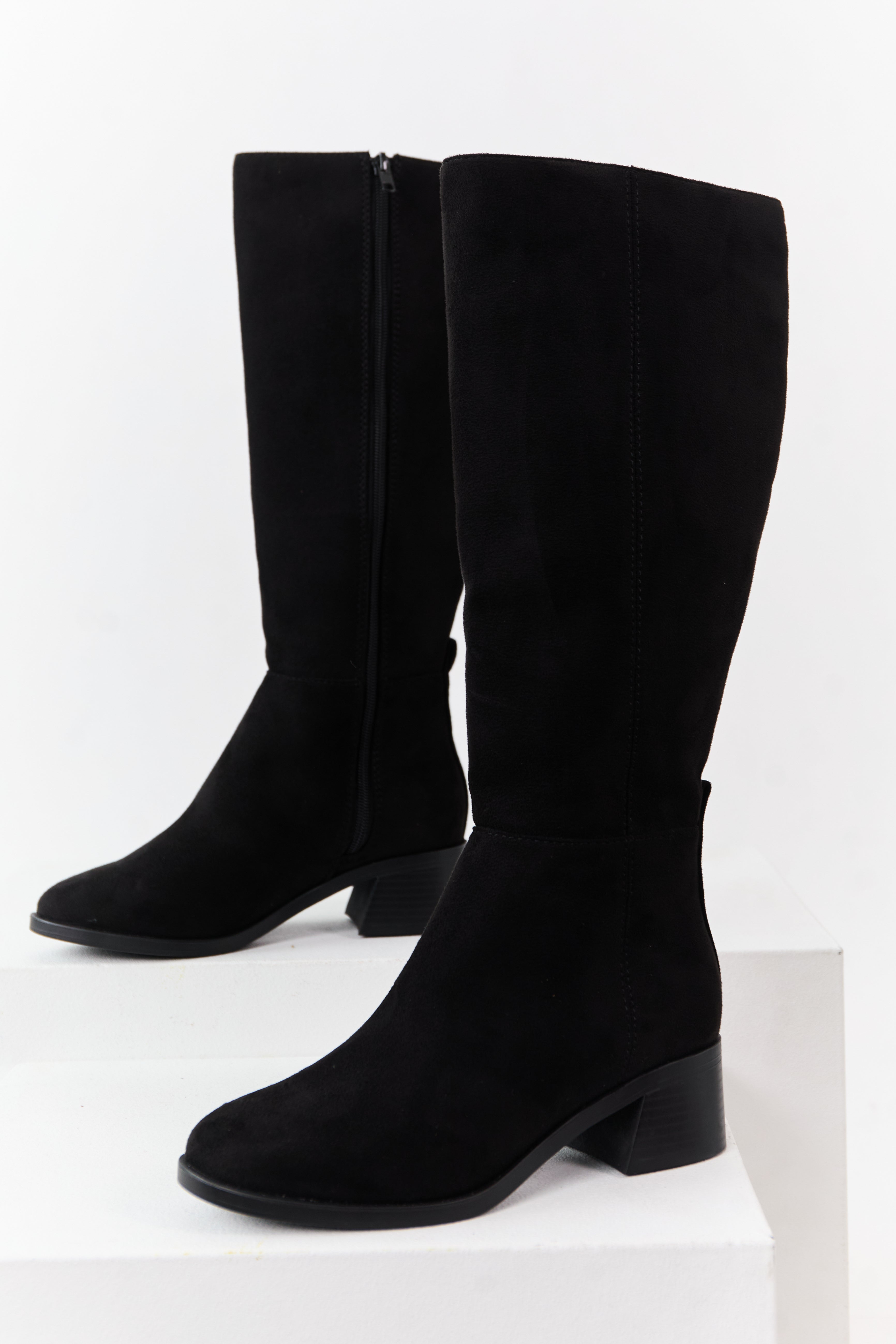 Black Faux Suede Wide Calf Block Heel Tall Boots