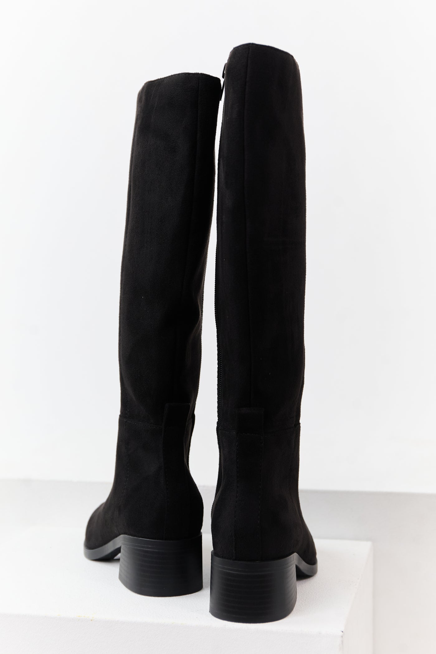 Black Faux Suede Wide Calf Block Heel Tall Boots