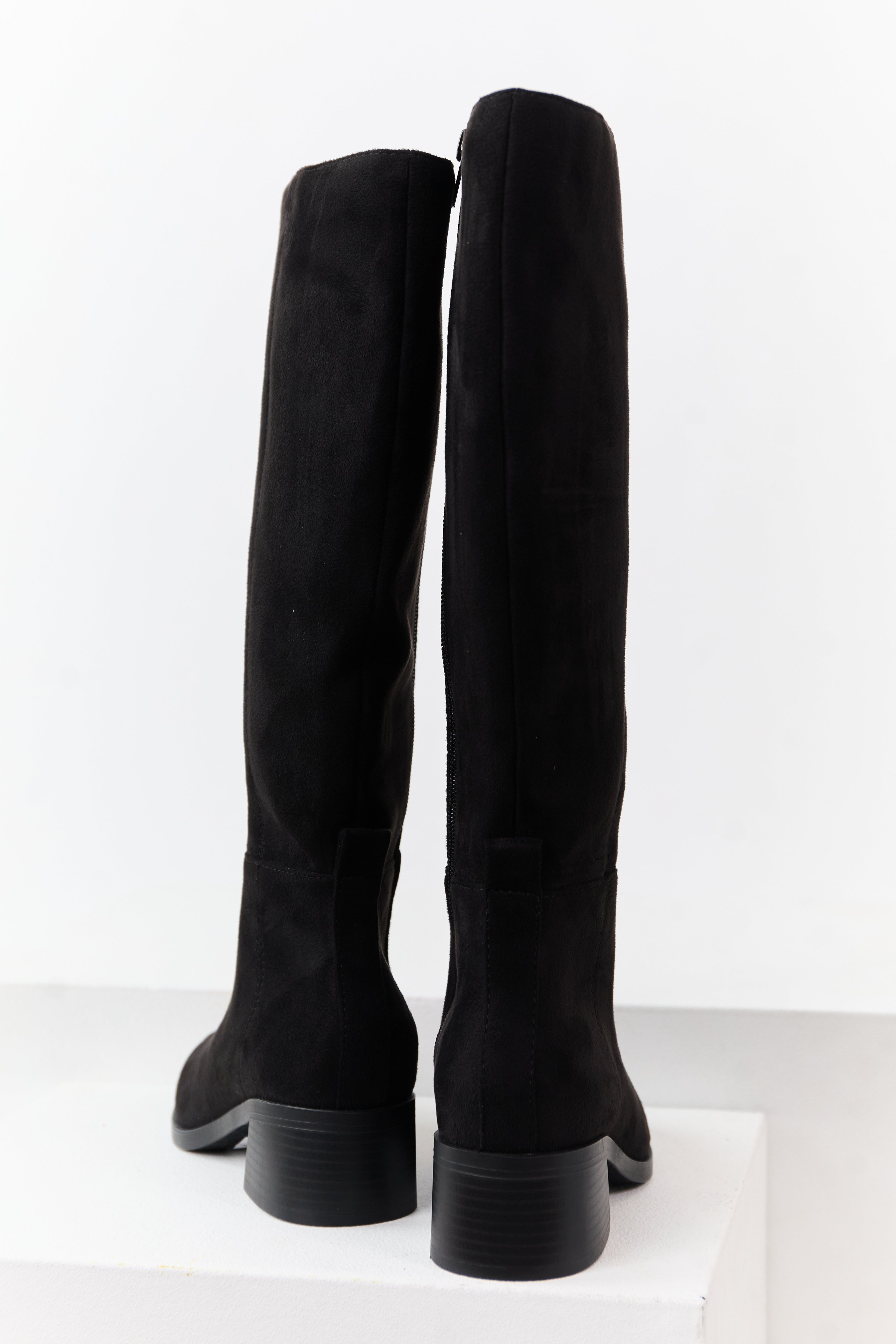 Black Faux Suede Wide Calf Block Heel Tall Boots