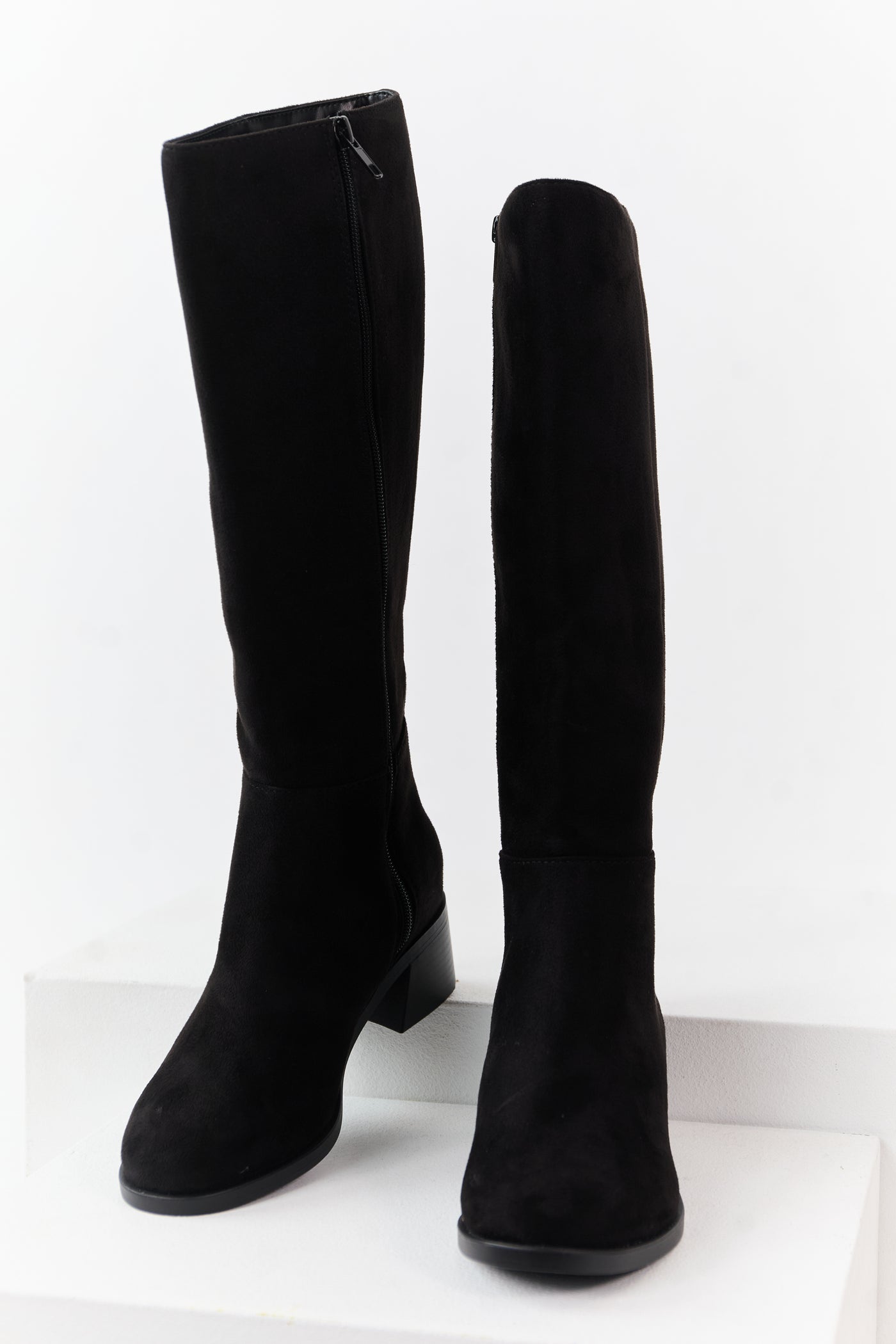 Black Faux Suede Wide Calf Block Heel Tall Boots