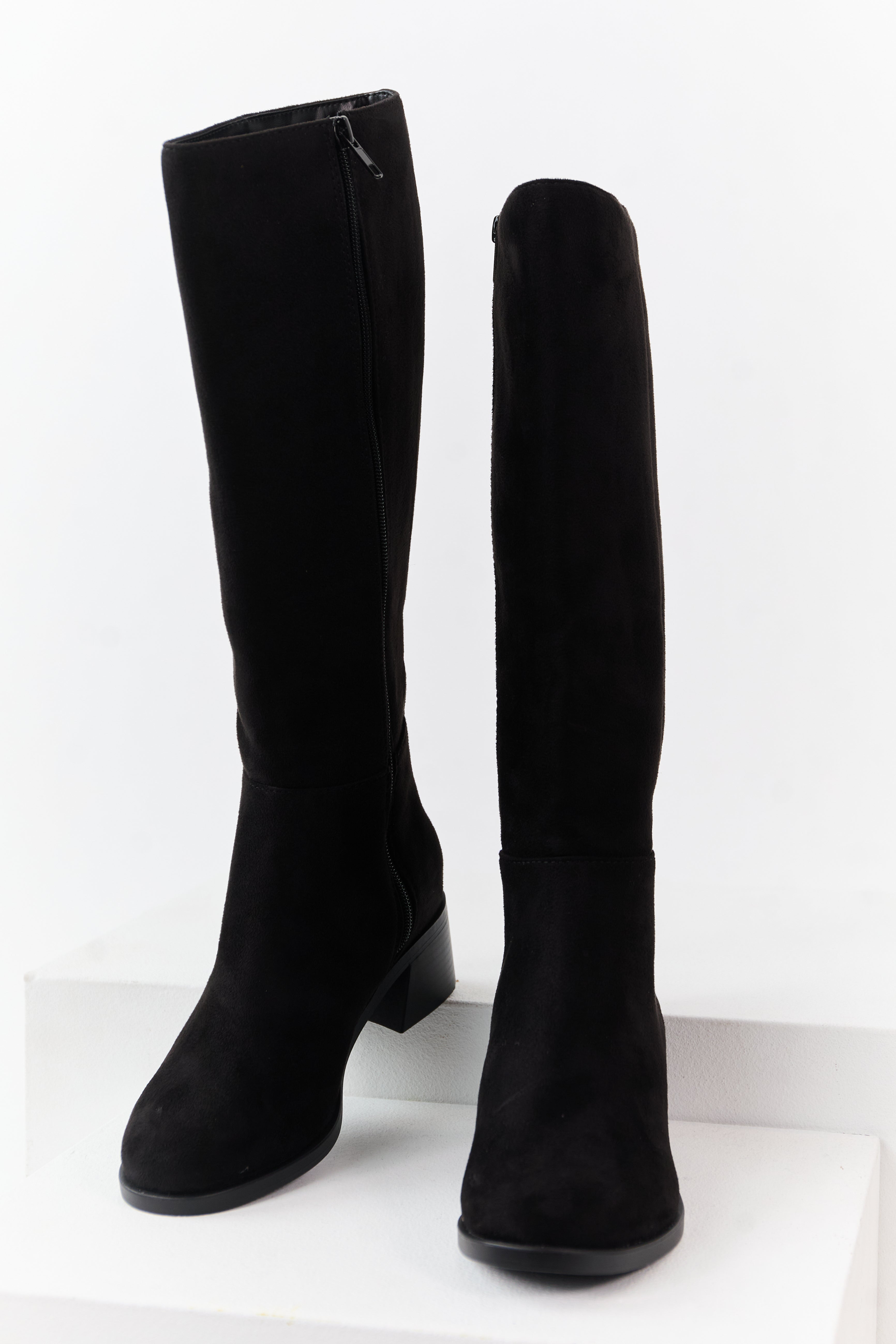 Black Faux Suede Wide Calf Block Heel Tall Boots
