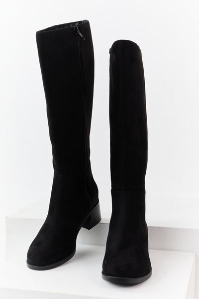 Black Faux Suede Wide Calf Block Heel Tall Boots