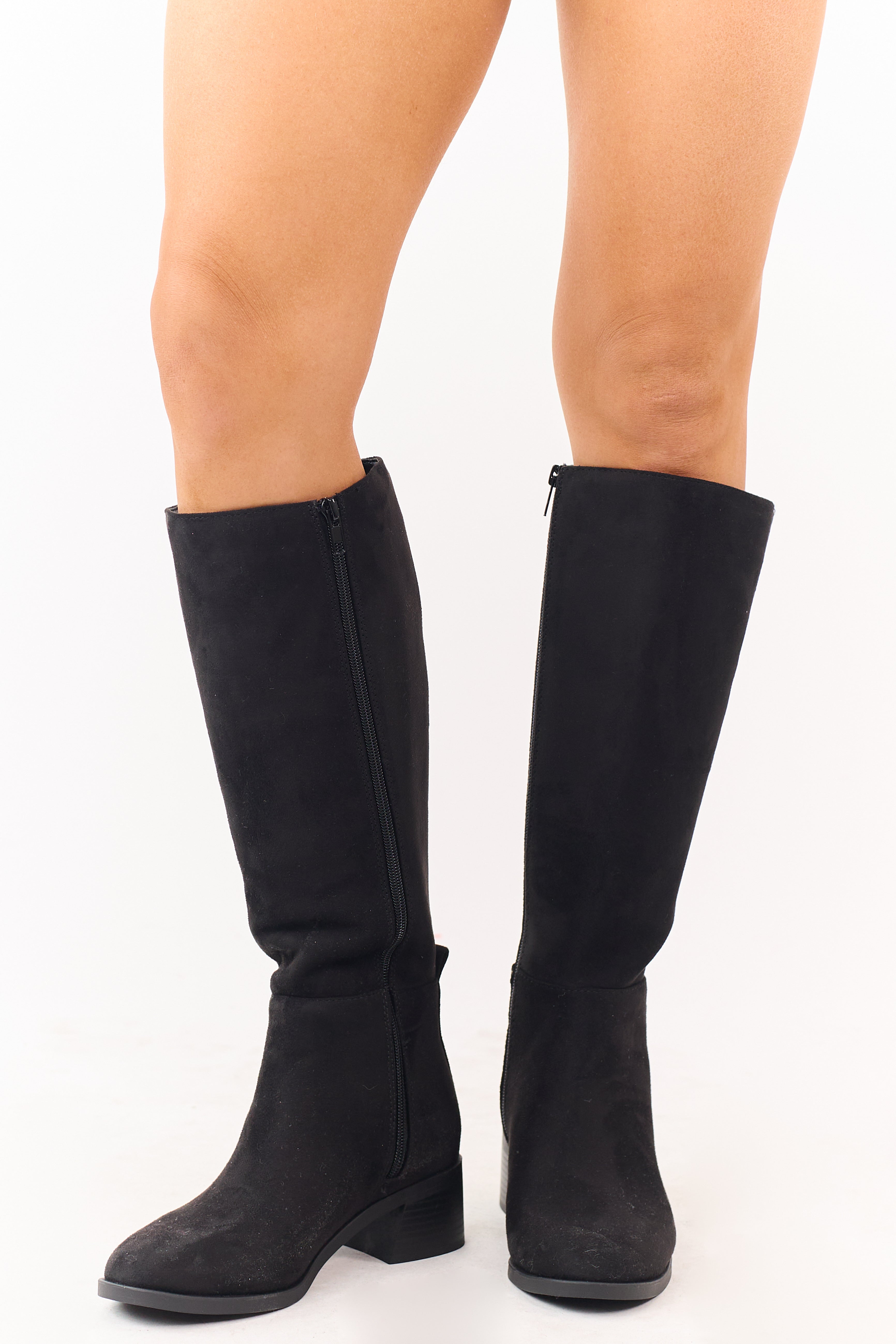Black Faux Suede Wide Calf Block Heel Tall Boots