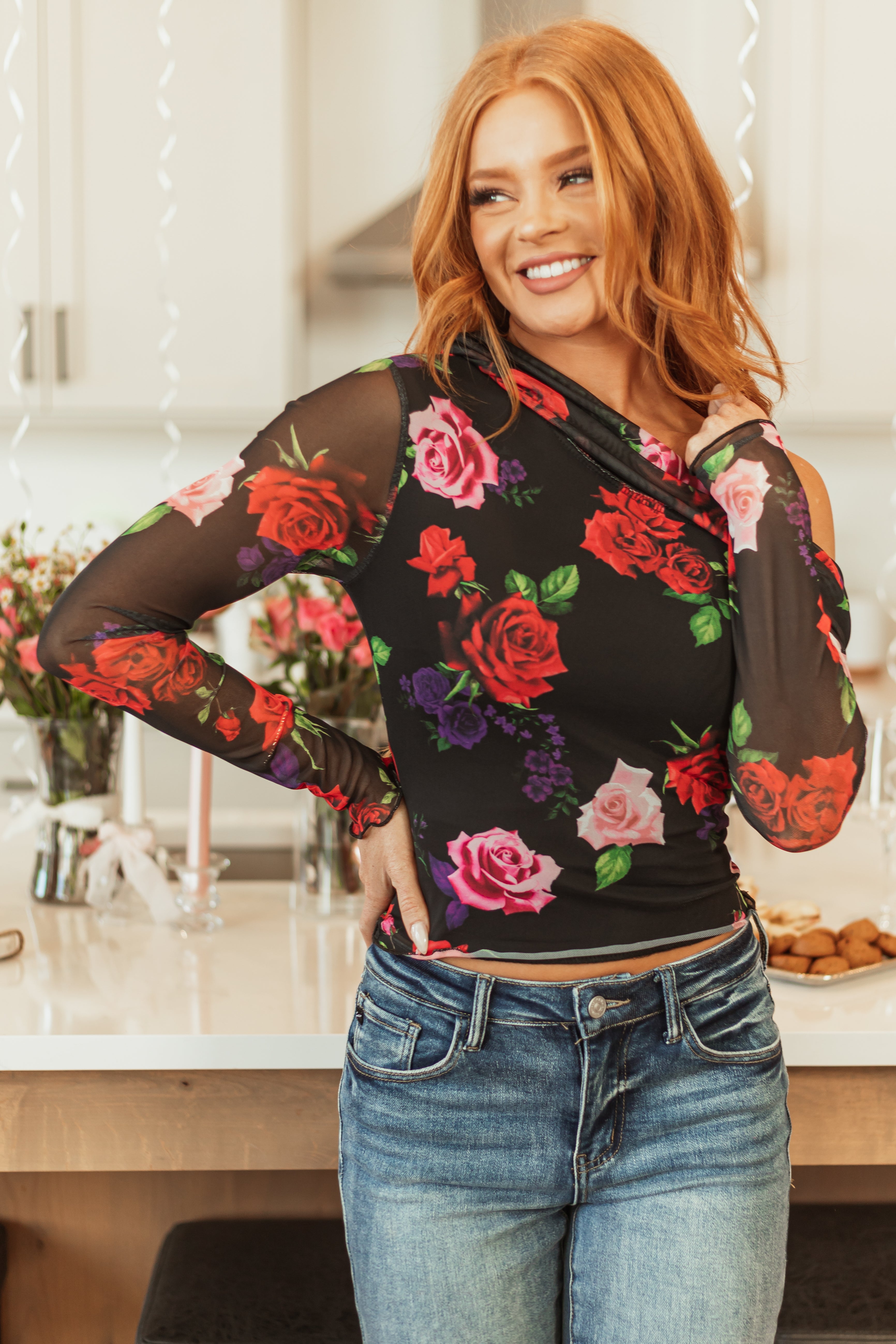 Black Floral Print Ruched Mesh Off Shoulder Top | Lime Lush