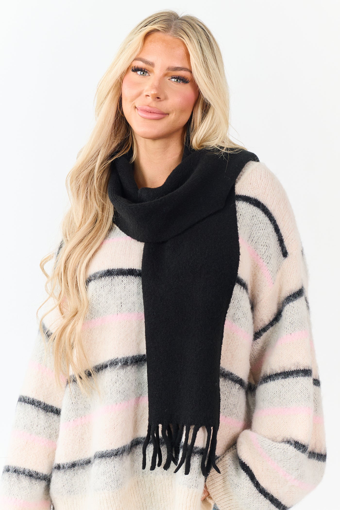 Black Fringe End Soft Knit Scarf