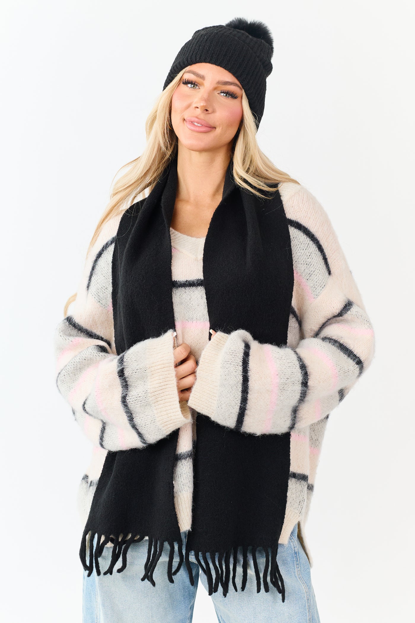 Black Fringe End Soft Knit Scarf