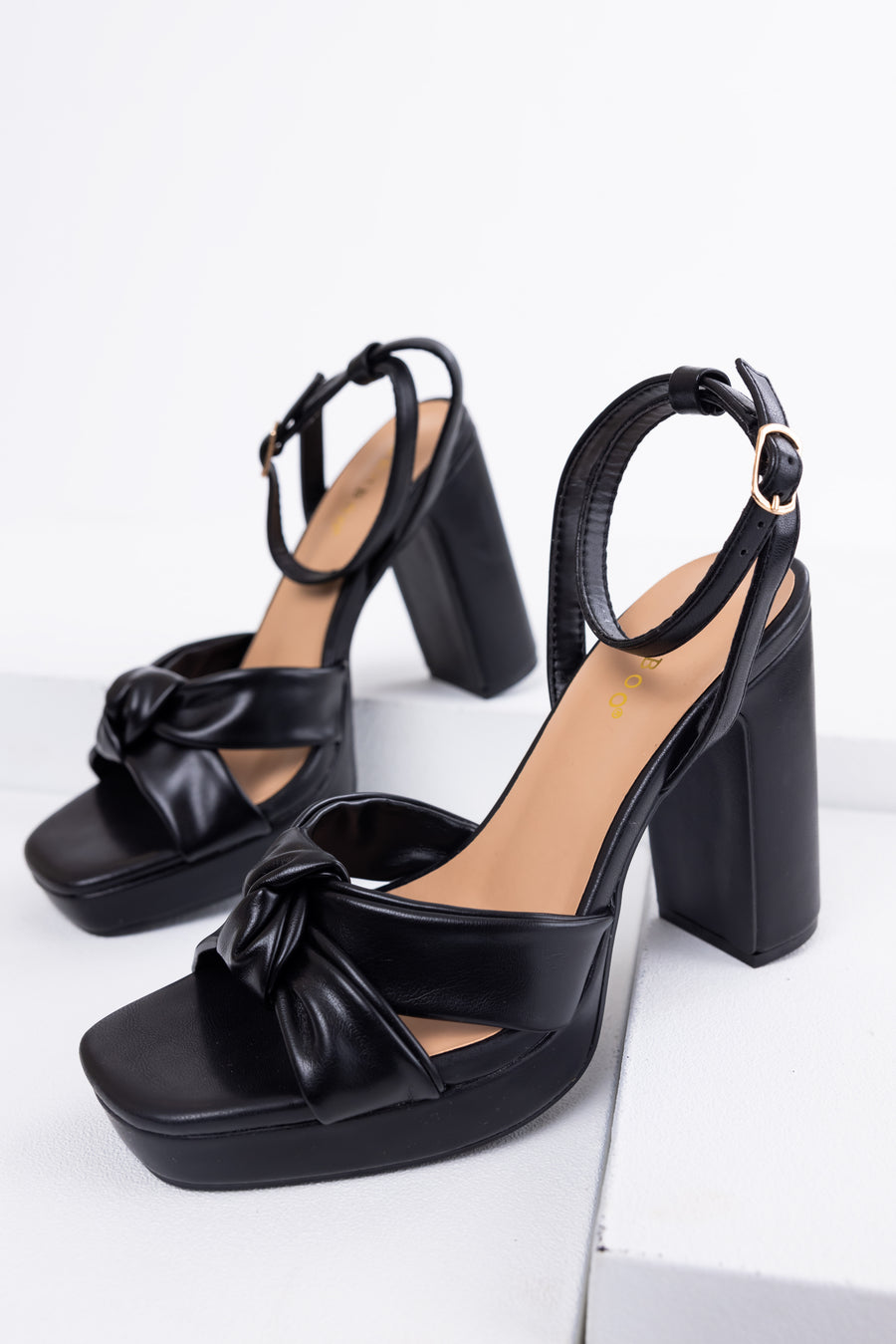 Black Knot Strap Faux Leather Platform Heels